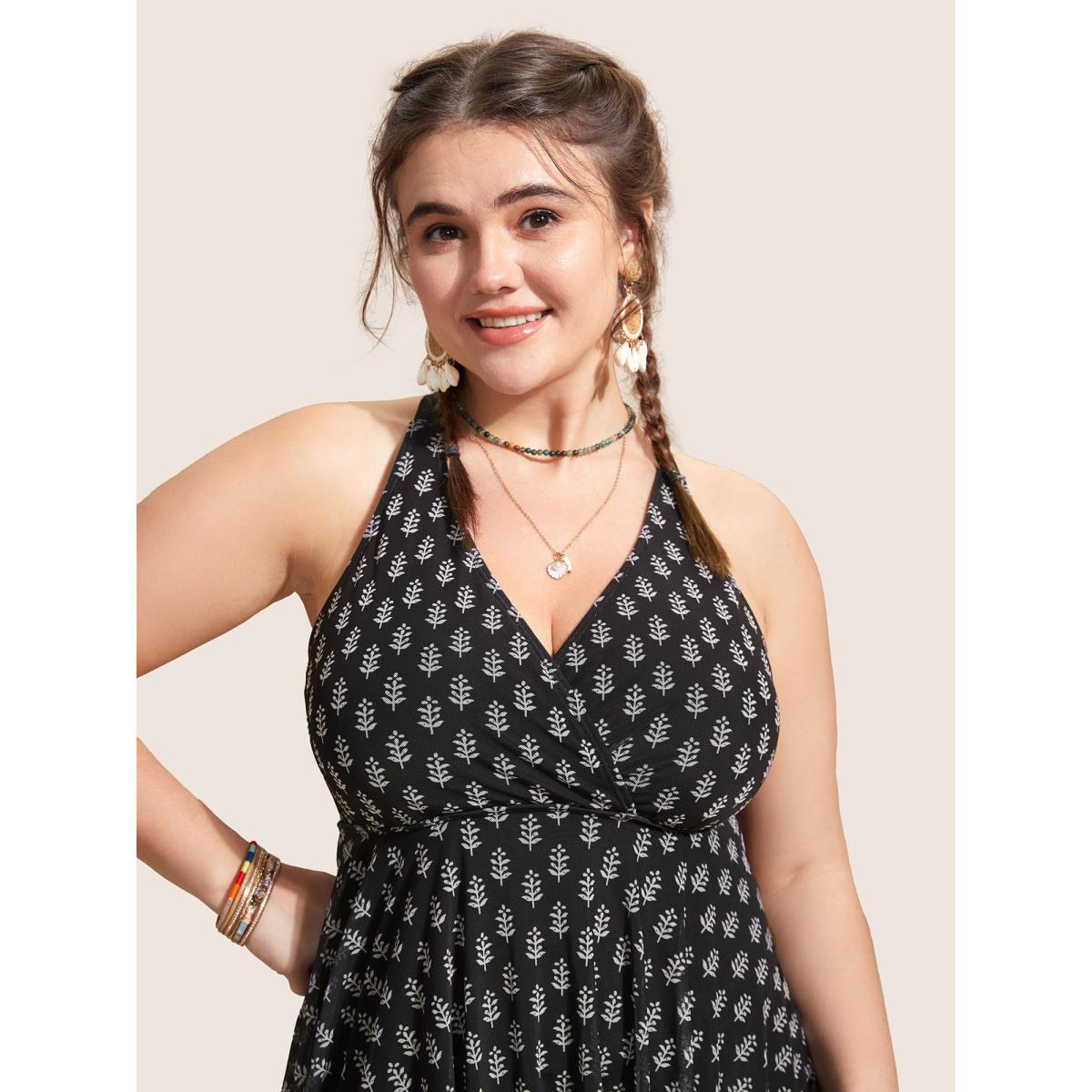 Plus Size Overlap Collar Boho Print Patchwork Swim Dress Women's Swimwear Black Beach Bodycon Overlap Collar High stretch Curve Swim Dresses BloomChic 18-20/2X Product Image
