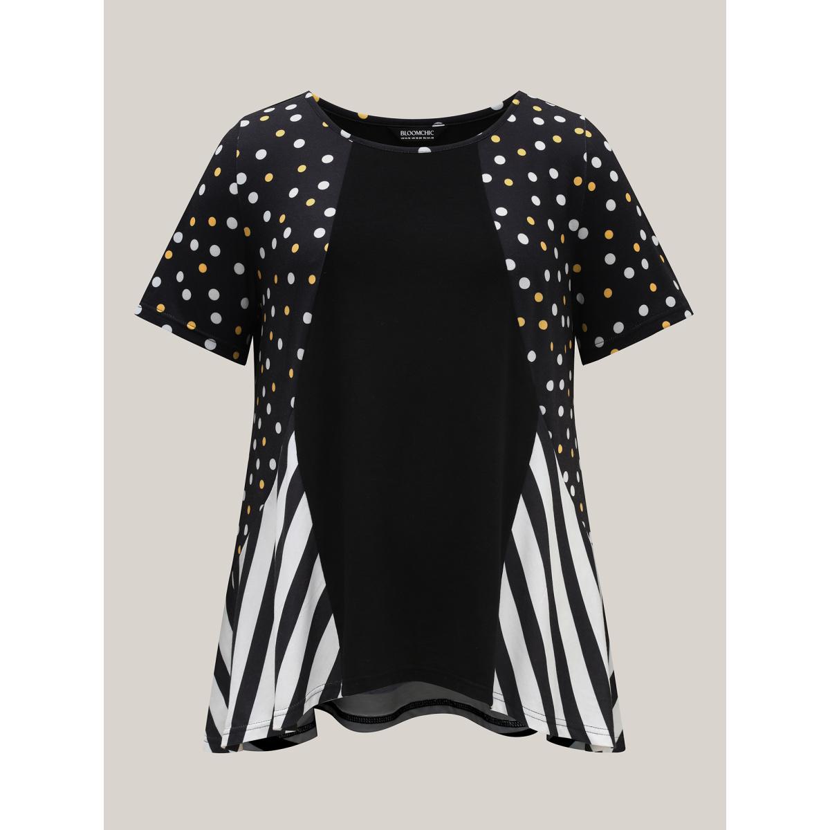 Plus Size Supersoft Stretchy Polka Dots Stripe T-Shirt Black Women Contrast Round Neck Everyday-Casual T-shirts BloomChic 30/6X Product Image