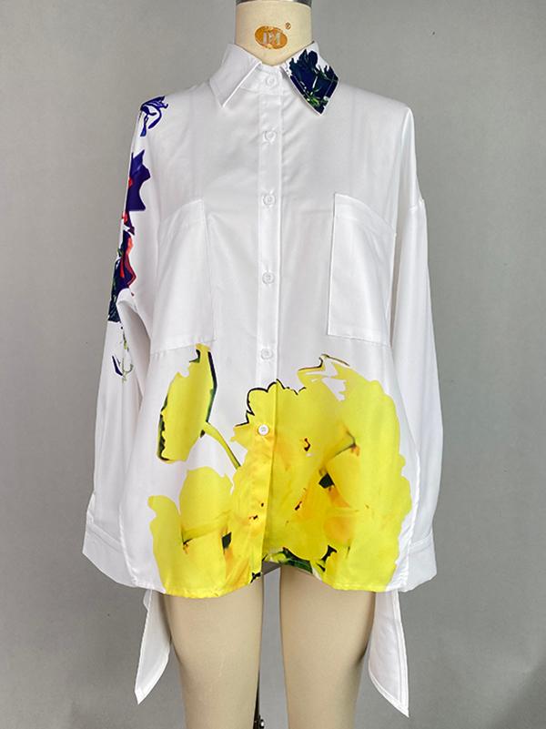 High-Low Long Sleeves Buttoned Flower Print Pockets Split-Side Stand Collar Blouses&Shirts Tops Product Image