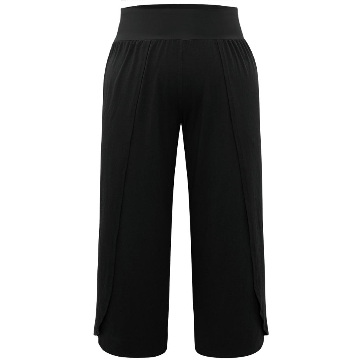 Plus Size Plain Wrap Hem Wideband Waist Wide Leg Pants Women Black Casual Wide Leg High Rise Dailywear Pants BloomChic 18-20/2X Product Image