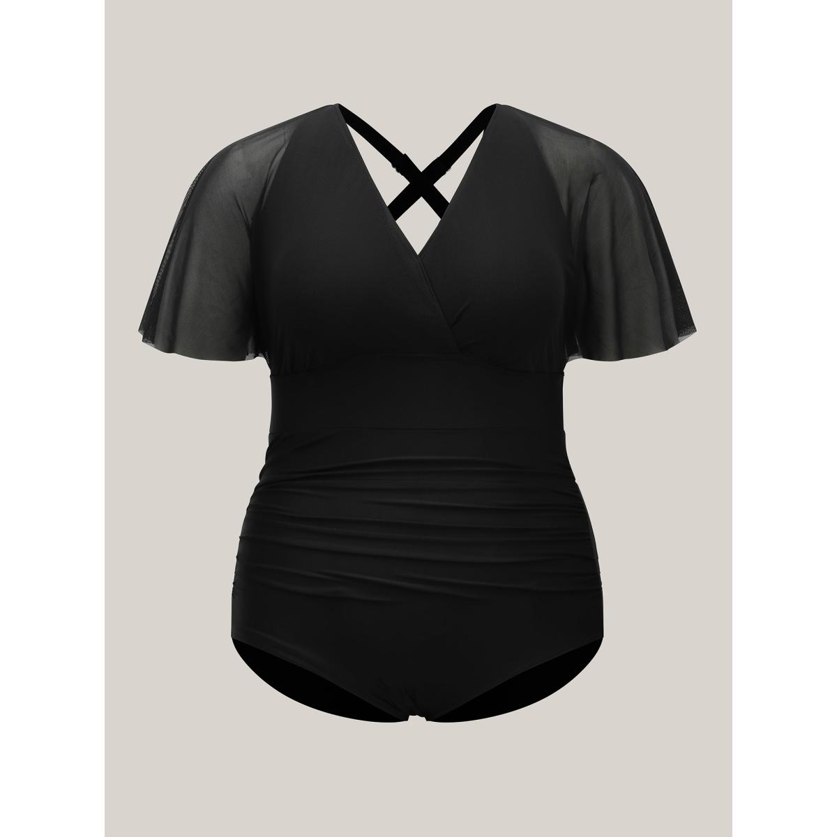 Plus Size Layered Sheer Pleated One-Piece Swimsuit Women's Swimwear Black Beach Gathered Curve Bathing Suits High stretch One Pieces BloomChic 14-16/1X Product Image