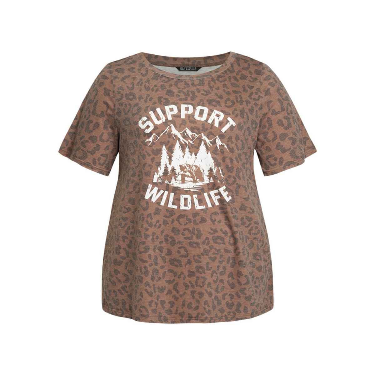 Plus Size Leopard Graphic & Letter Print Crew Neck T-shirt Multicolor Women Casual Landscape Dailywear T-shirts BloomChic 22-24/3X Product Image