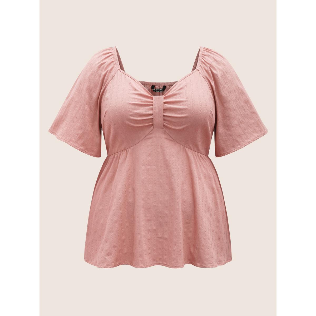 Plus Size Rouge Plain Heart Neckline Ruched Ruffle Sleeve Blouse Women Elegant Half Sleeve Heart neckline Everyday Blouses BloomChic 28/5X Product Image
