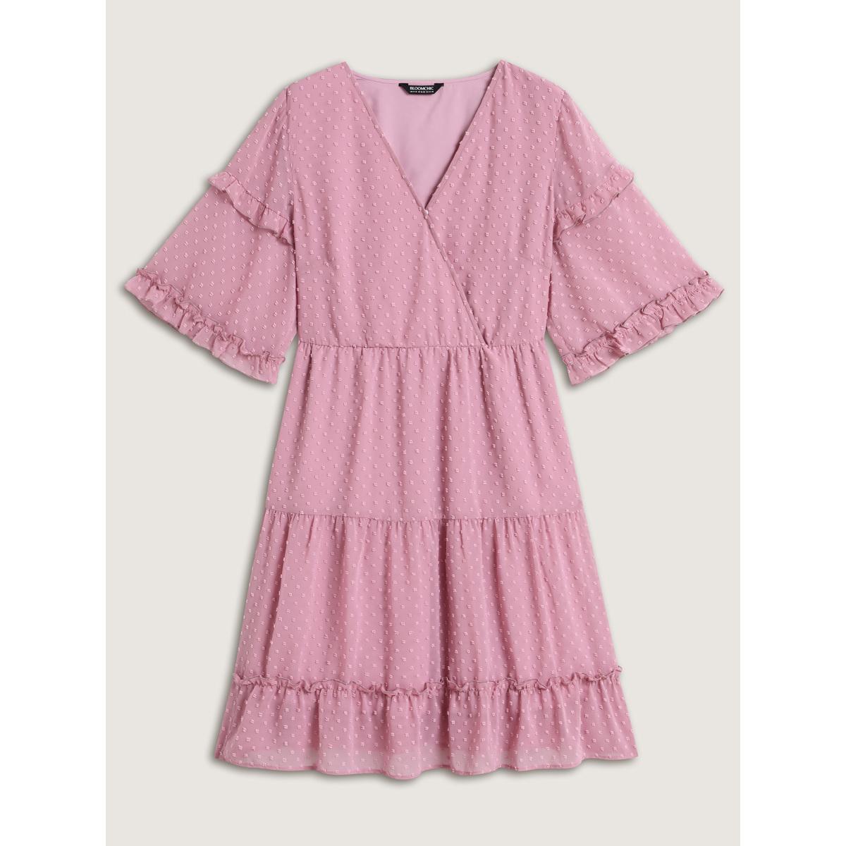 Plus Size Textured Ruffled Trim Surplice Midi Dress Watermelon Women Overlap Collar Half Sleeve Curvy BloomChic 14-16/1X Product Image