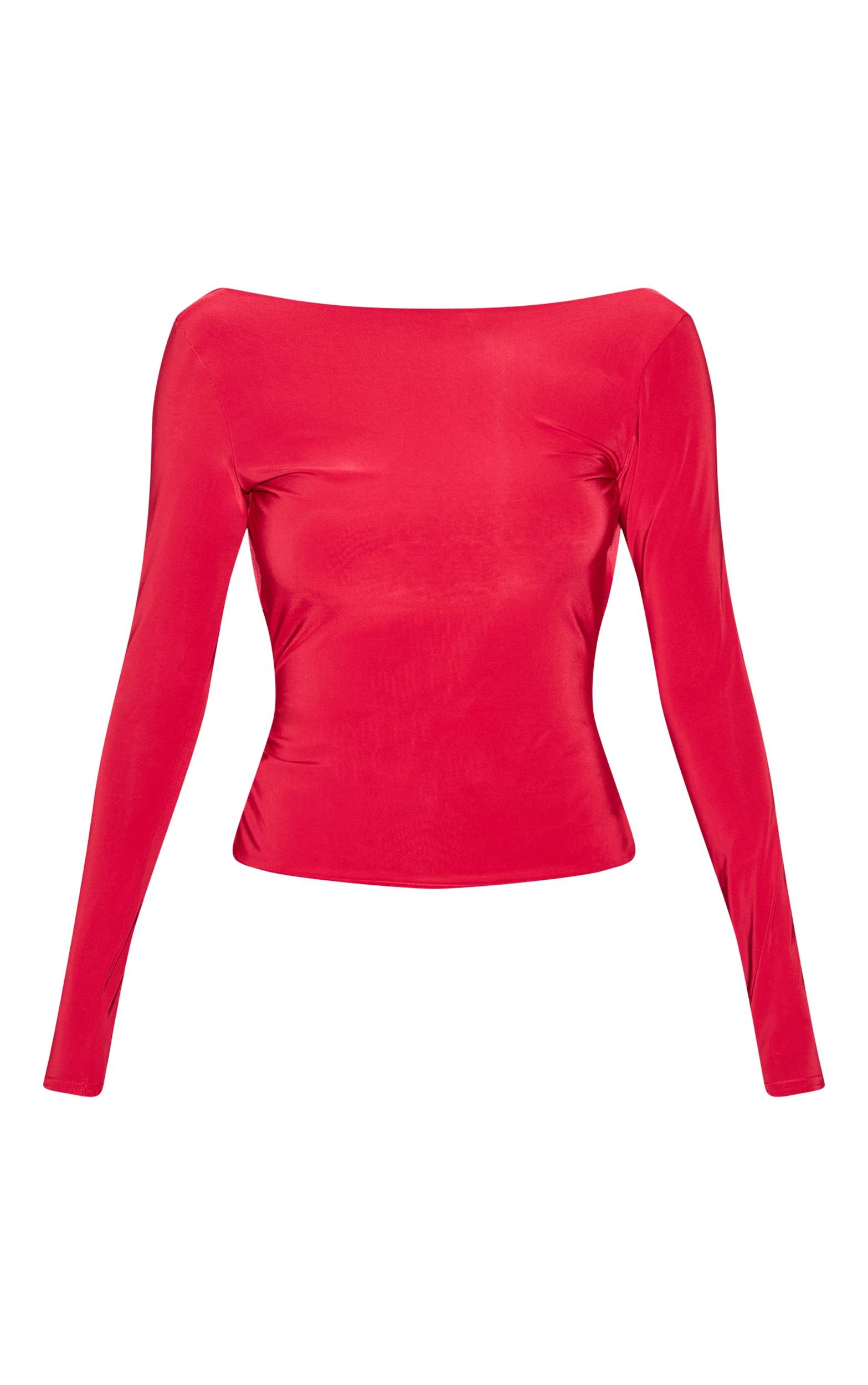 Red Double Layer Slinky Cowl Back Long Sleeve Top Product Image