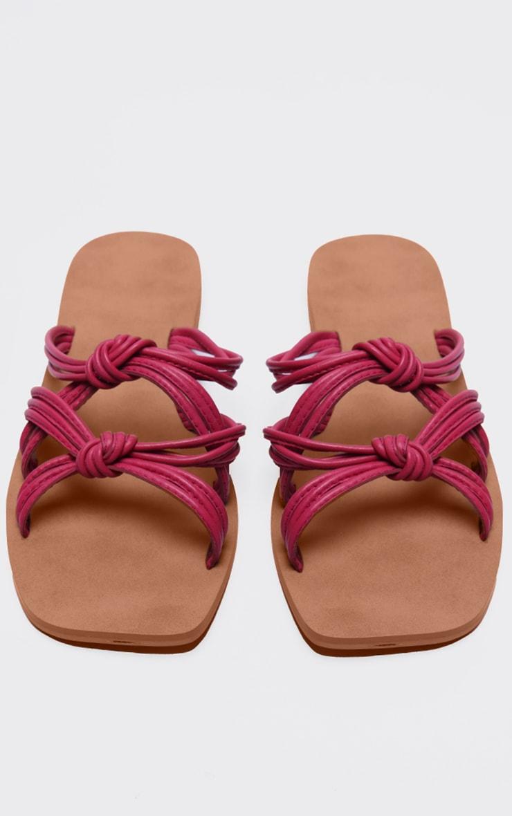 Pink Real Leather Square Toe Knotted Strap Flat Sandals Product Image