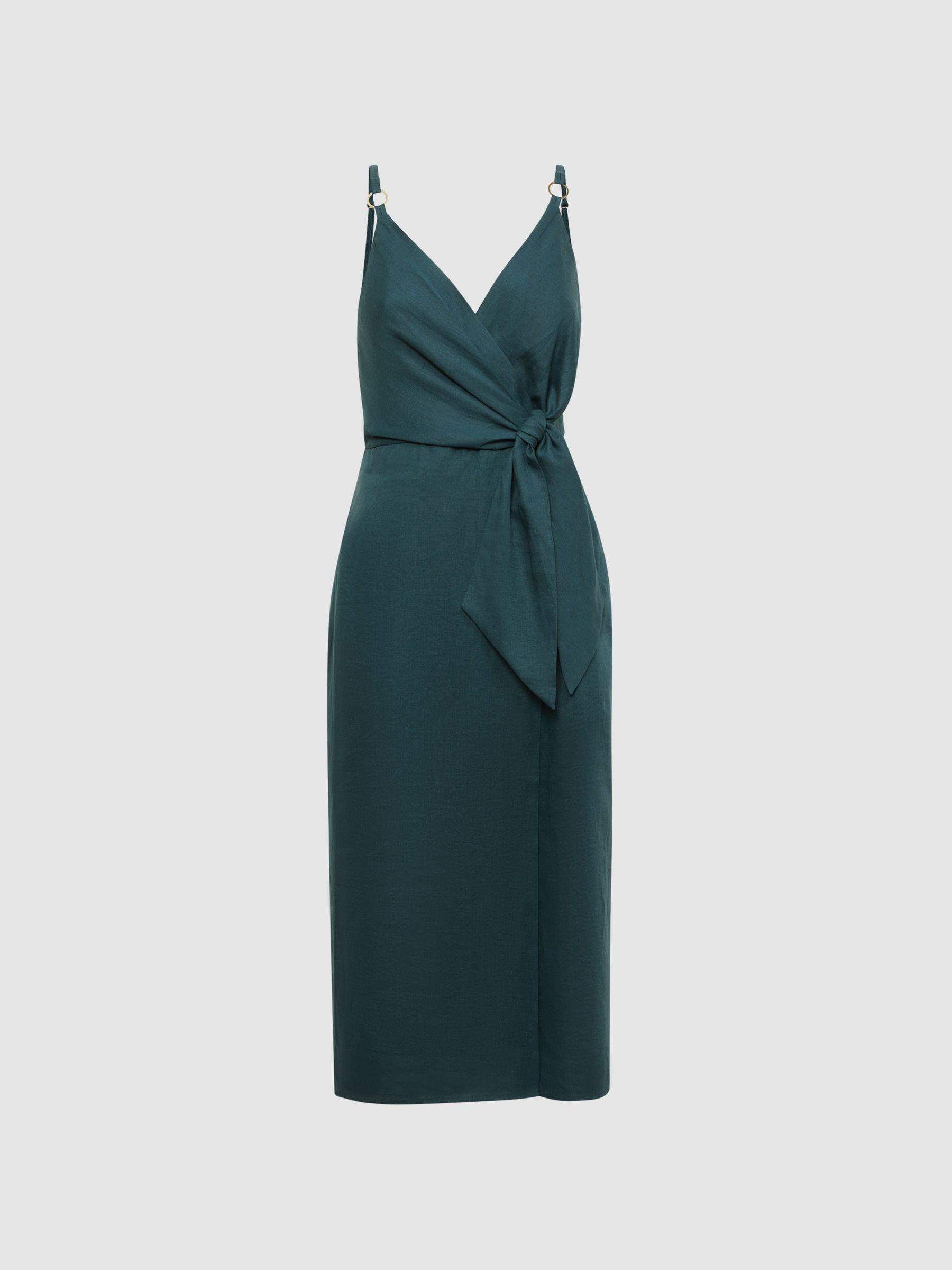 Linen Side Tie Midi Dress in Dark Teal Product Image