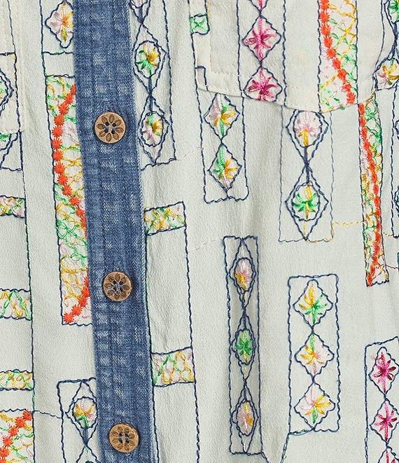 John Mark Embroidered Printed Point Collar Long Roll-Tab Sleeve Button-Front Top Product Image