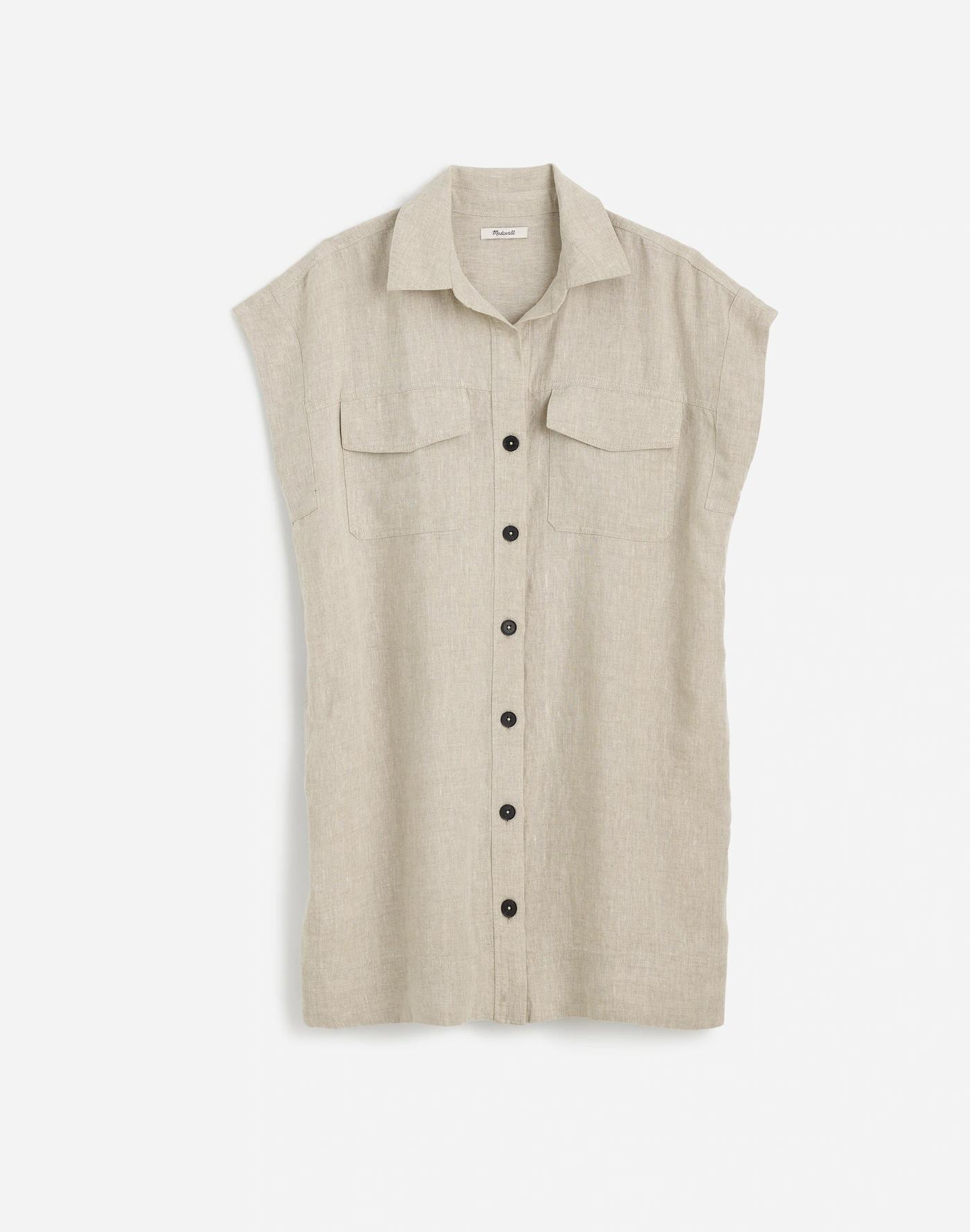 Utility Short-Sleeve Mini Shirtdress in 100% Linen Product Image