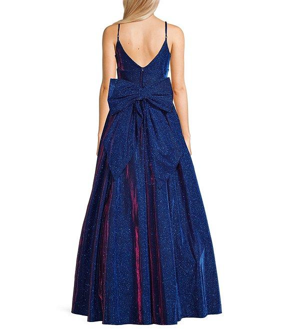 B. Darlin V-Neck Spaghetti Strap Bow Back Gown Product Image