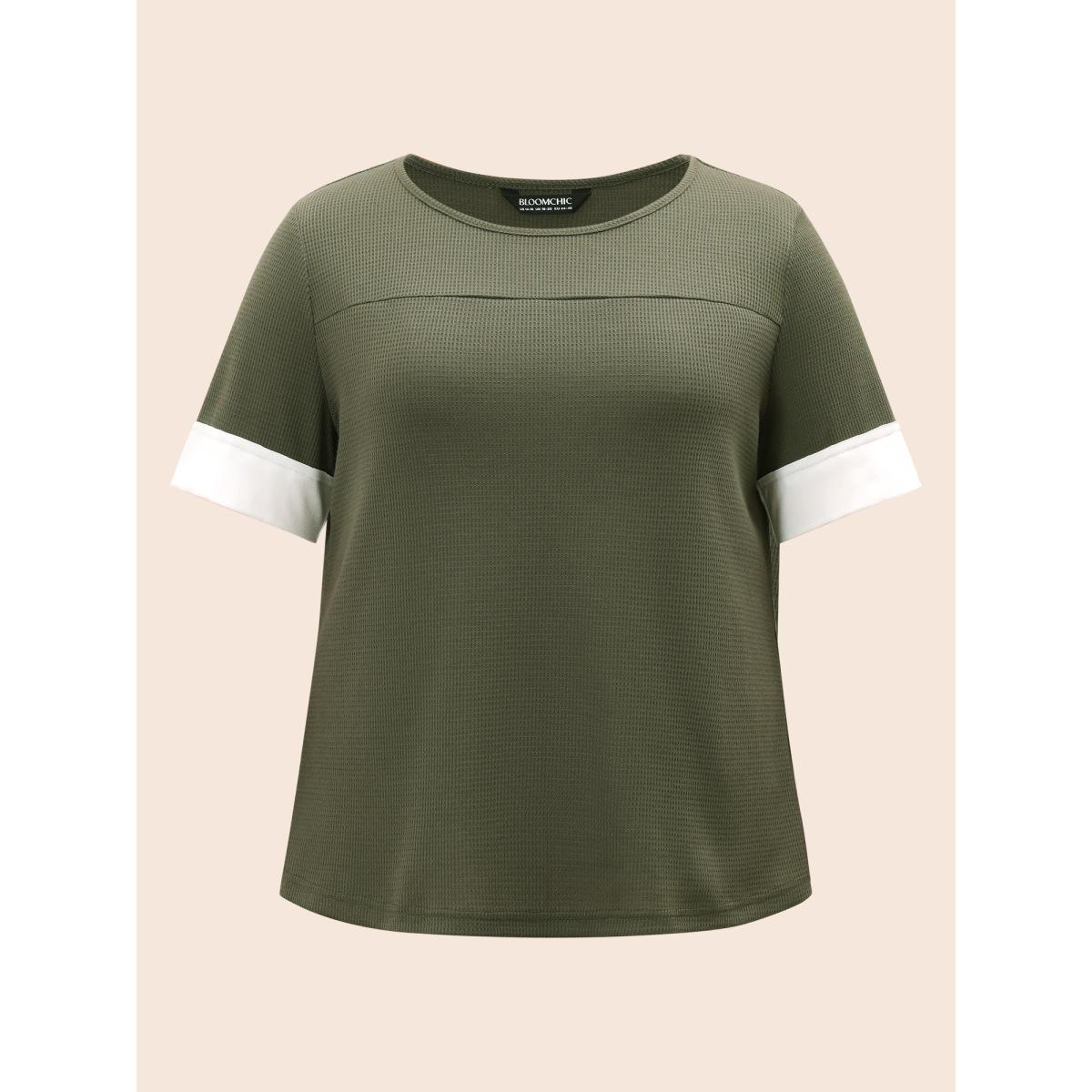 Plus Size Crew Neck Waffle Knit Patchwork Contrast T-shirt ArmyGreen Women Casual Texture Non Everyday T-shirts BloomChic 10/M Product Image