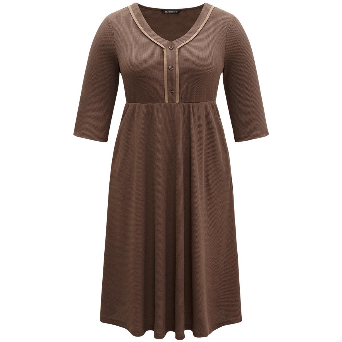 Plus Size Waffle Knit Contrast V Neck Button Detail Dress DarkBrown Women Work From Home Plain V-neck Elbow-length sleeve Curvy Midi Dress BloomChic 22-24/3X Product Image