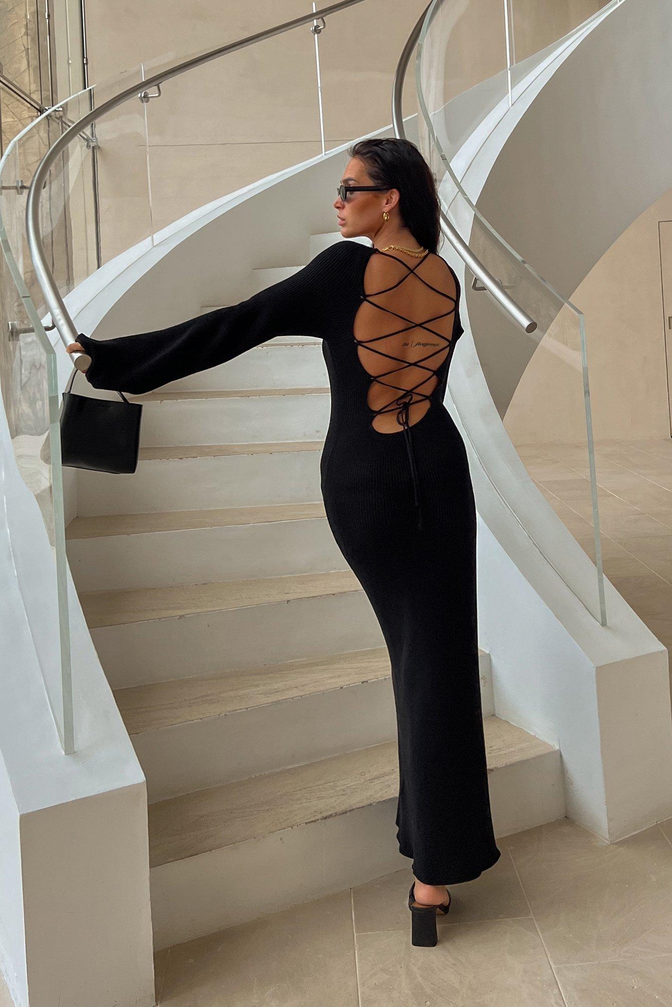 Open Back Lace Detail Knitted Maxi Dress Beige Product Image