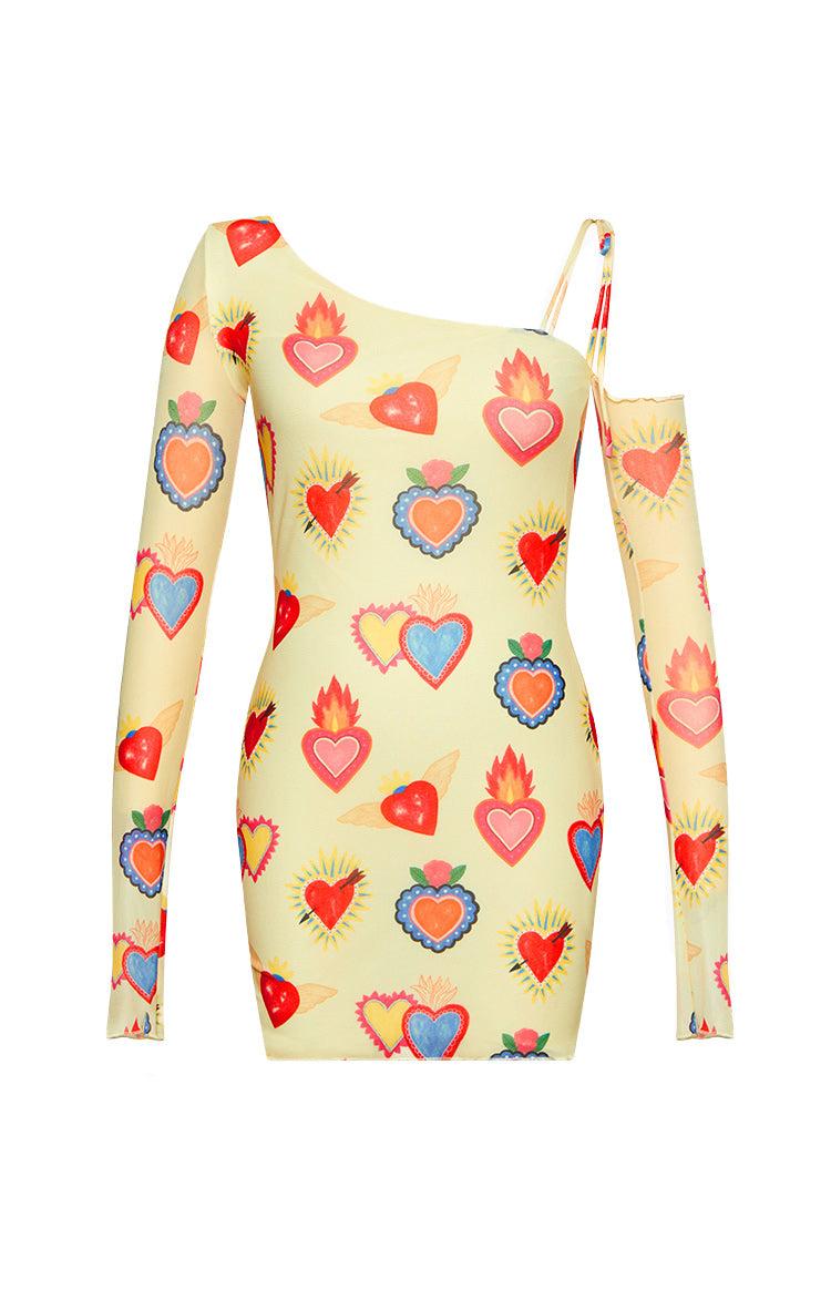 Wild At Heart Yellow Printed Mesh Long Sleeve Mini Dress Product Image