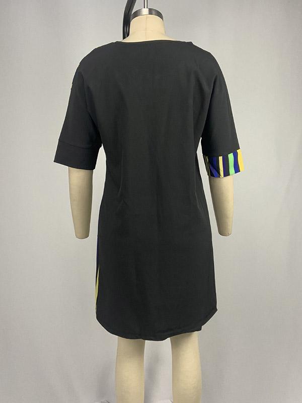 A-Line Half Sleeves Asymmetric Contrast Color Striped Round-Neck Mini Dresses Product Image