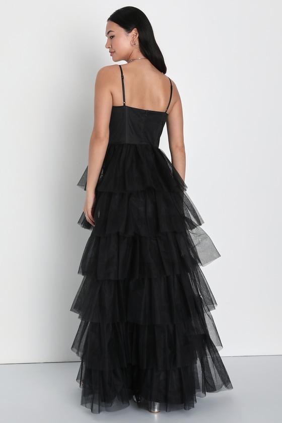 Rule the Runway Black Tulle Bustier Tiered Maxi Dress Product Image