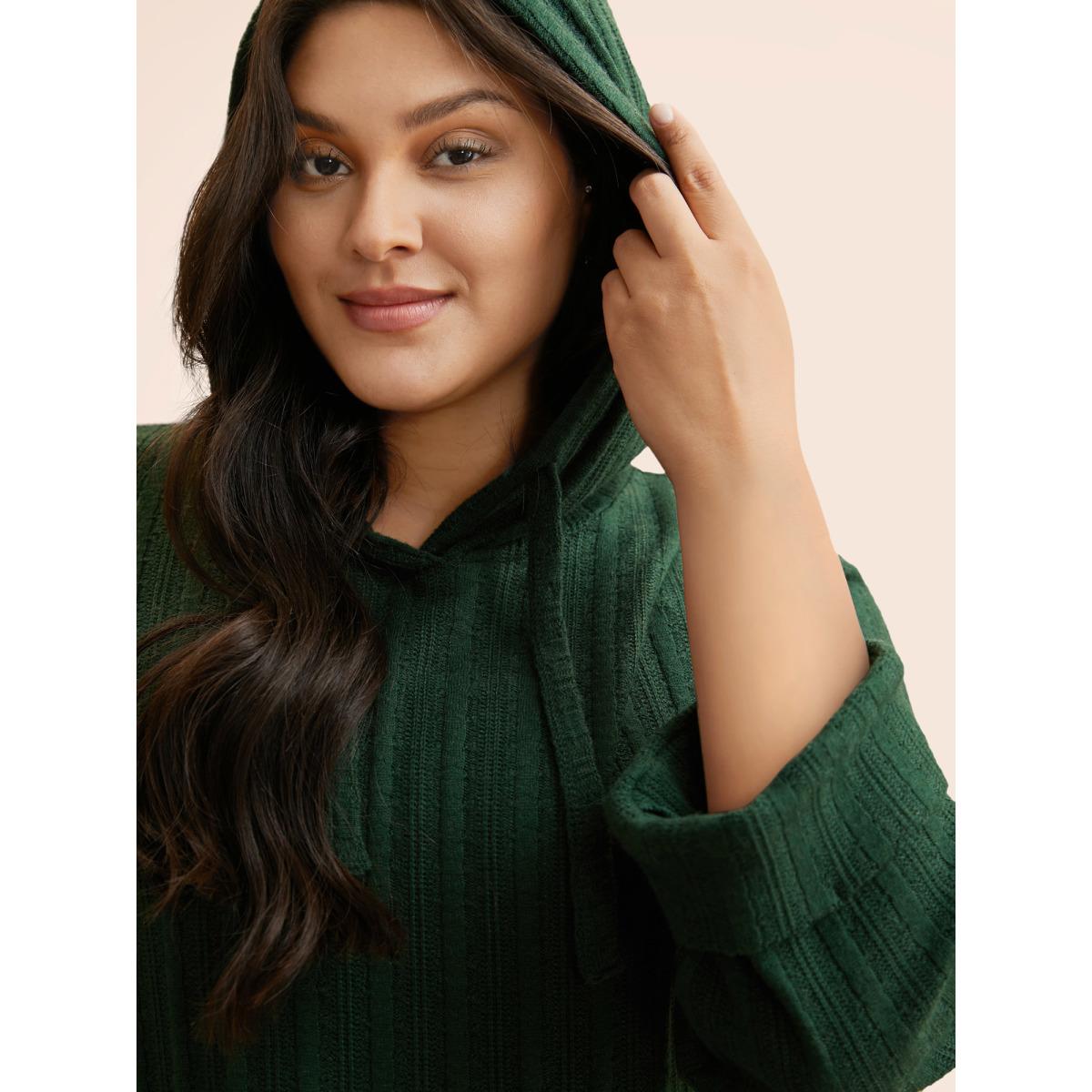 Plus Size Supersoft Essentials Textured Hooded Roll Sleeve Sweatshirt Women DarkGreen Casual Texture Hooded Everyday Sweatshirts BloomChic 10/M Product Image
