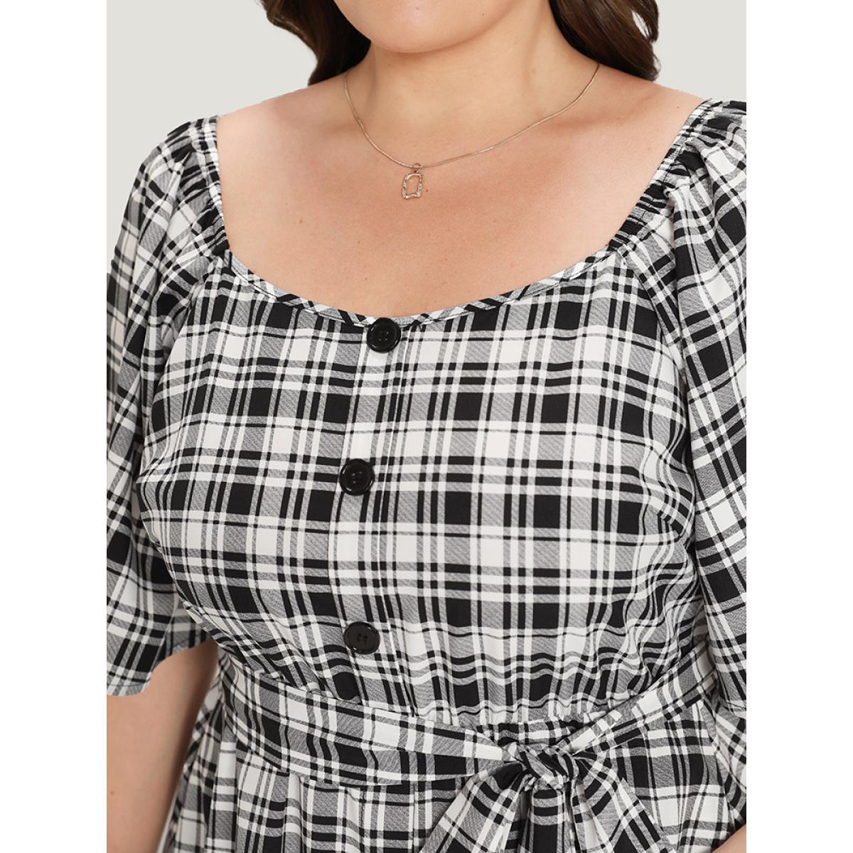 Plus Size Plaid Belted Pocket Button Detail Square Neck Dress Black Women Office Belted Square Neck Short sleeve Curvy Midi Dress BloomChic 26/4X Product Image