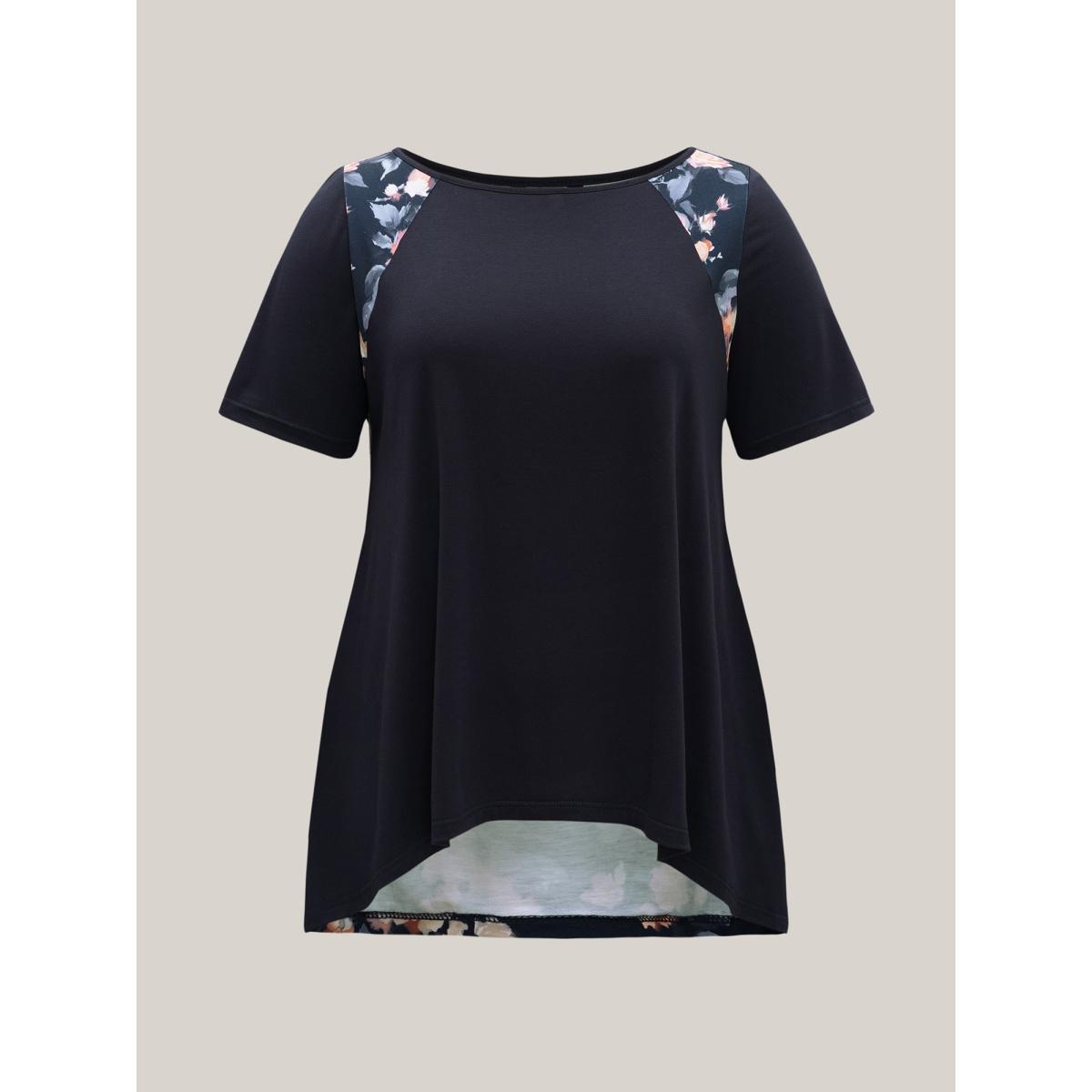 Plus Size Round Neck Floral Print Patchwork Half Sleeve T-Shirt Midnight Women Elegant Contrast Natural Flowers Boat Neck Loose Everyday T-shirts BloomChic 22-24/3X Product Image