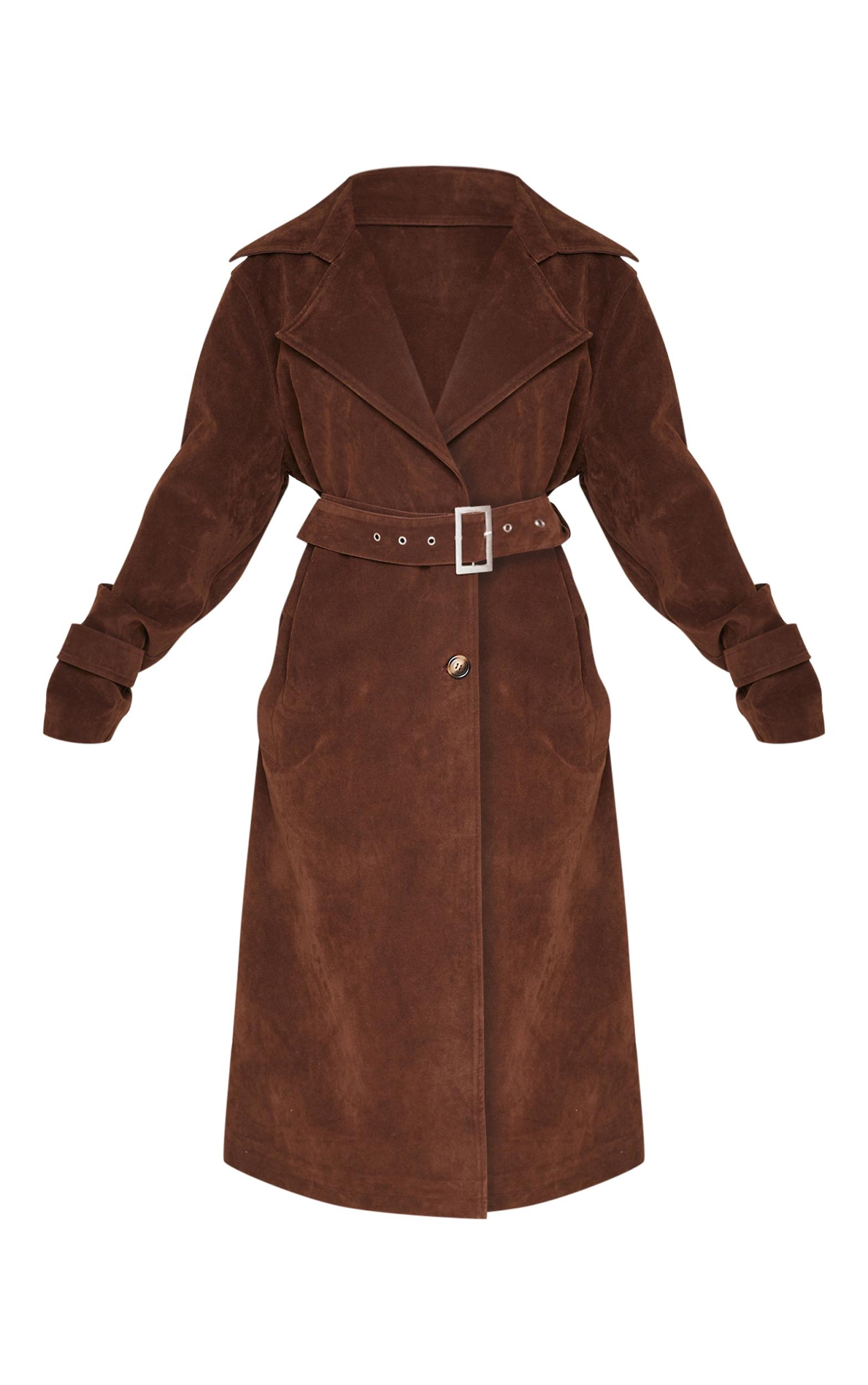 Petite Chocolate Faux Suede Belted Trench Coat Product Image