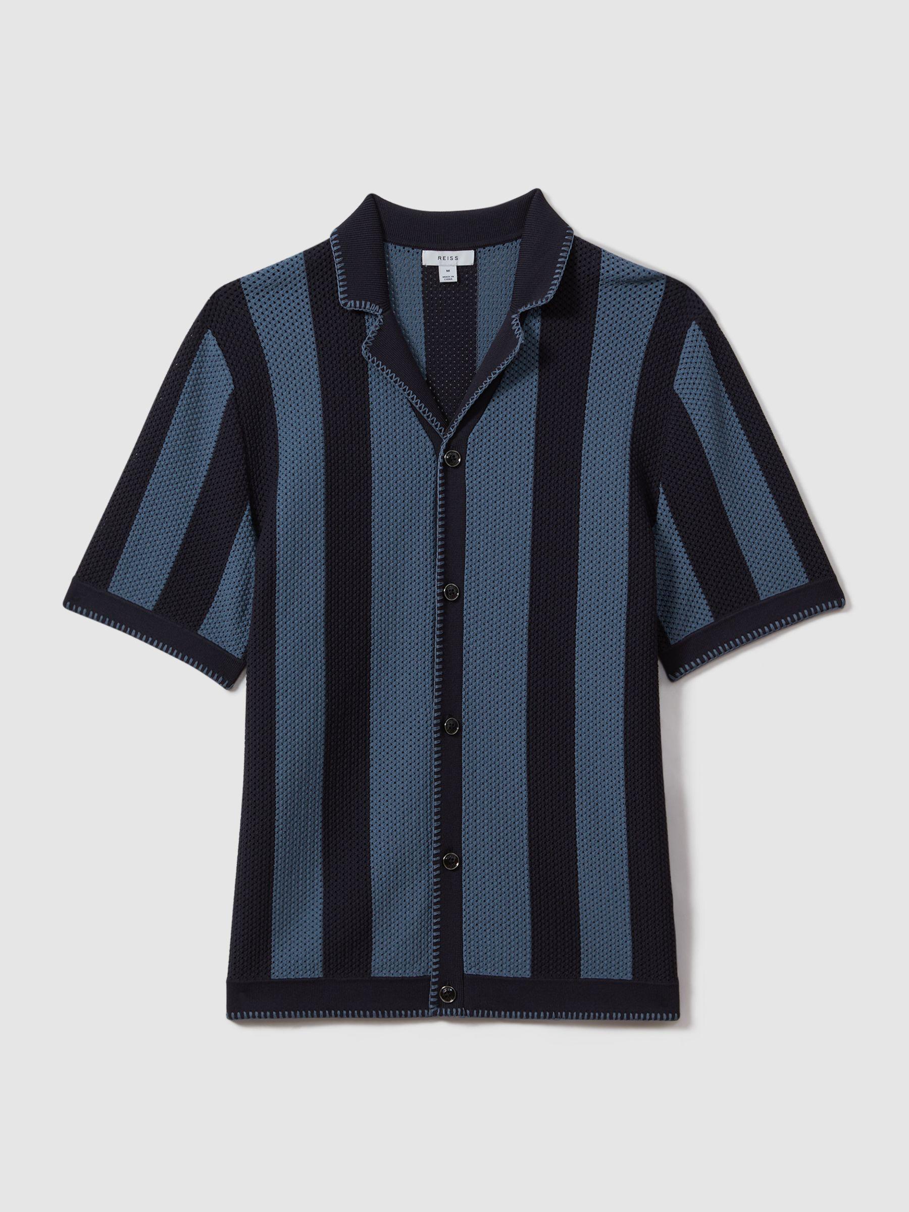 Knitted Cuban Collar Shirt in Navy/Blue Product Image