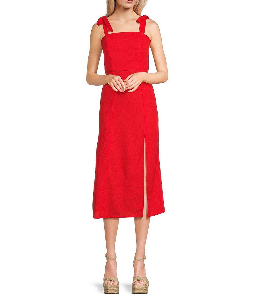 GB Tie Shoulder Linen Blend Midi Dress Product Image