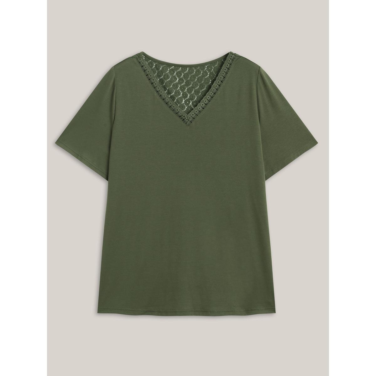 Plus Size Stretchy Floral Back Cut-Out T-Shirt ArmyGreen Women Elegant Woven ribbon&lace trim V-neck Everyday T-shirts BloomChic 14-16/1X Product Image
