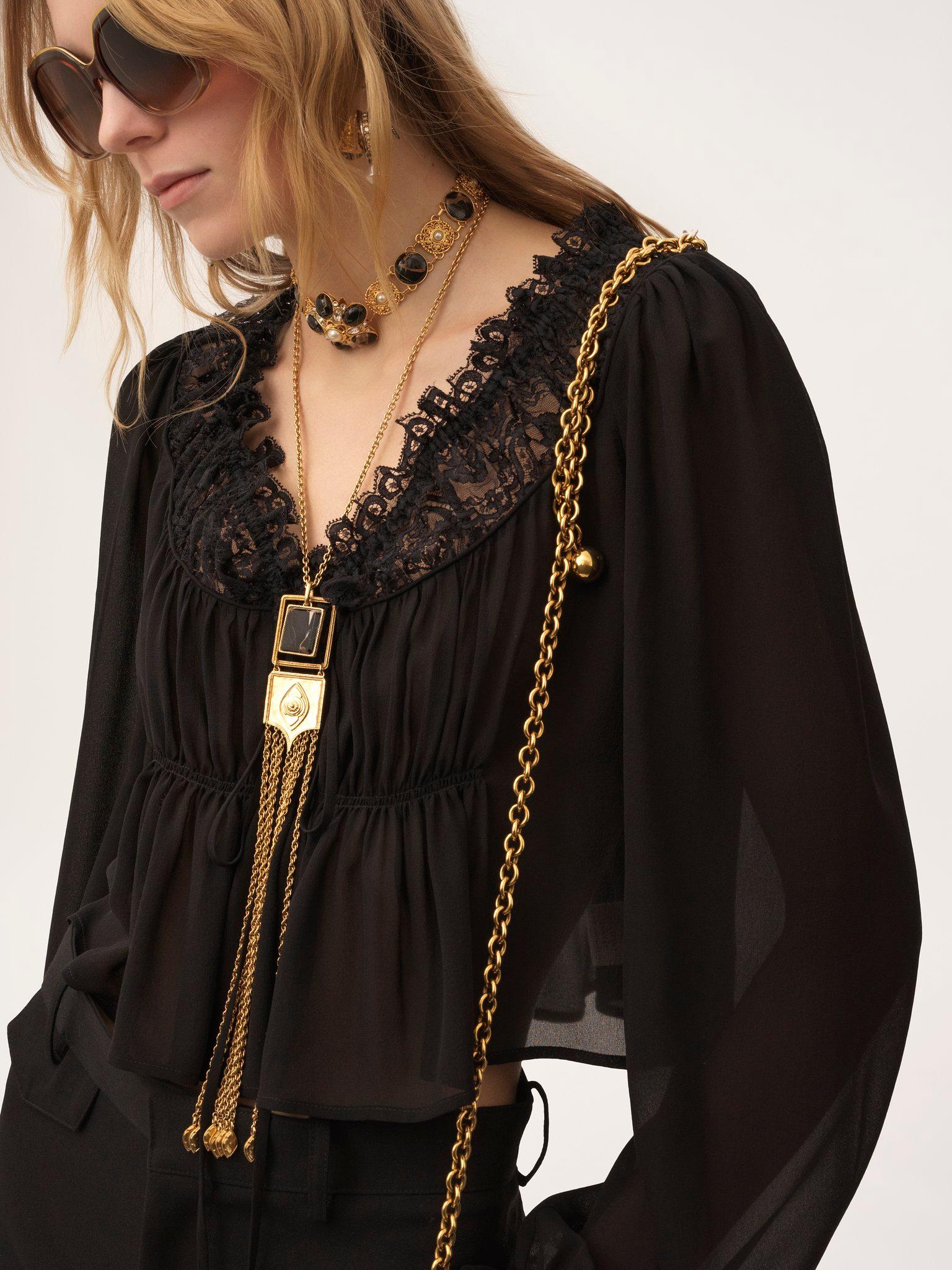 Scoop-neck cropped top in silk georgette & lace Product Image