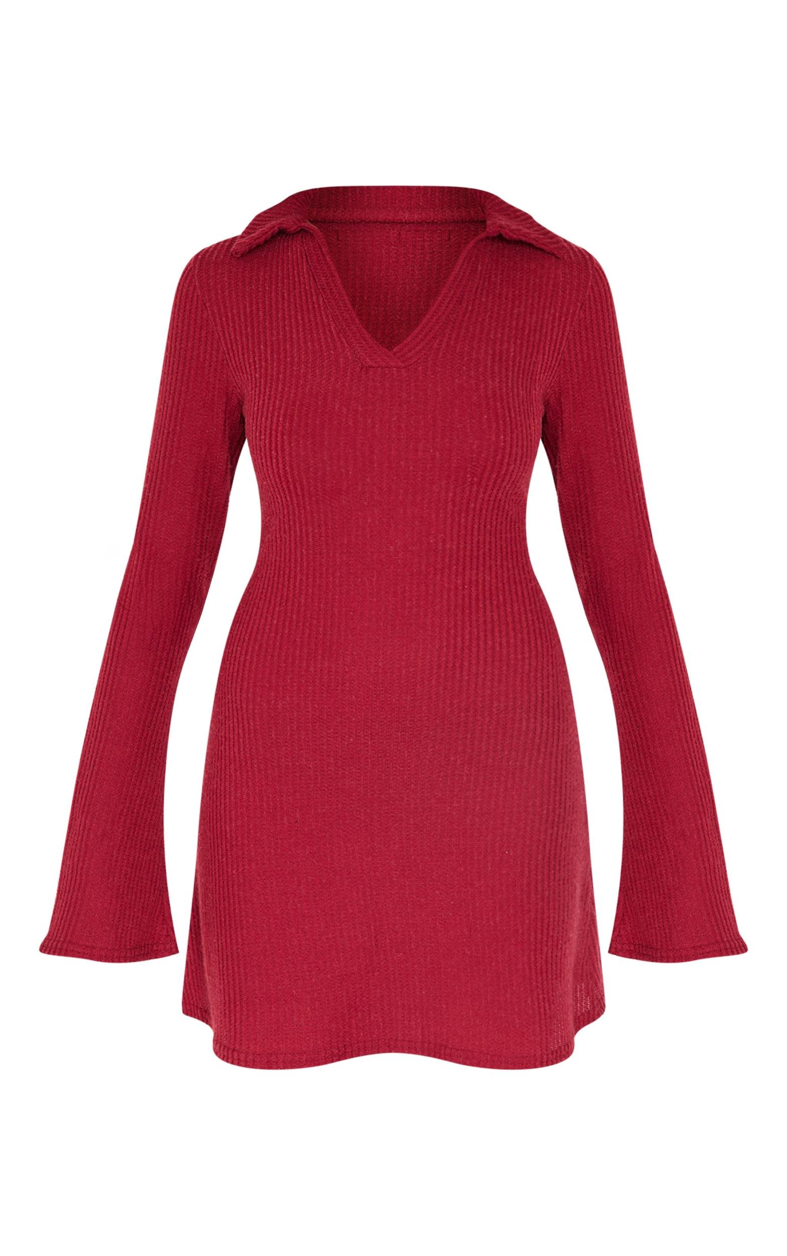 Burgundy Waffle Textured Long Sleeve Shift Dress Product Image
