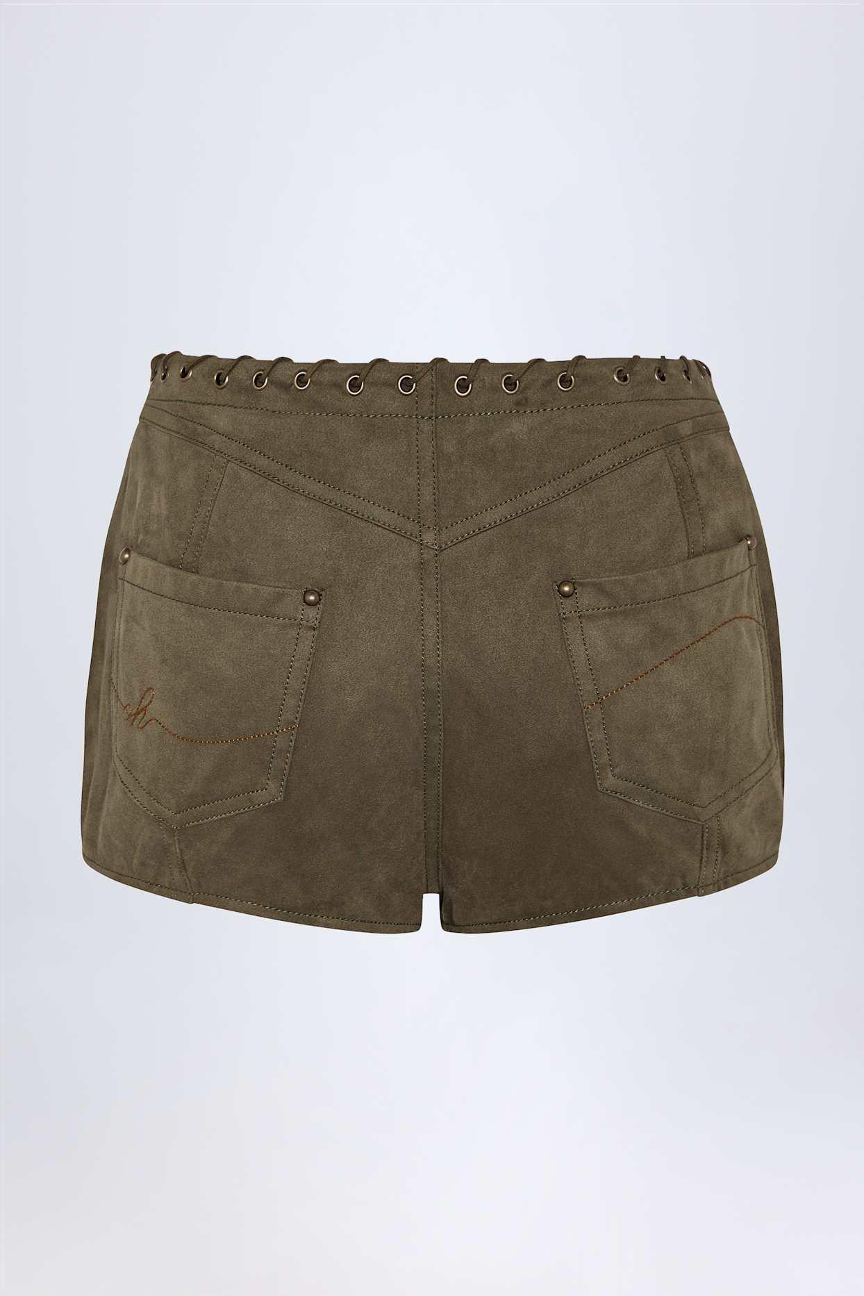 Lace-Up Mid-Rise Shorts in Dark Khaki Product Image