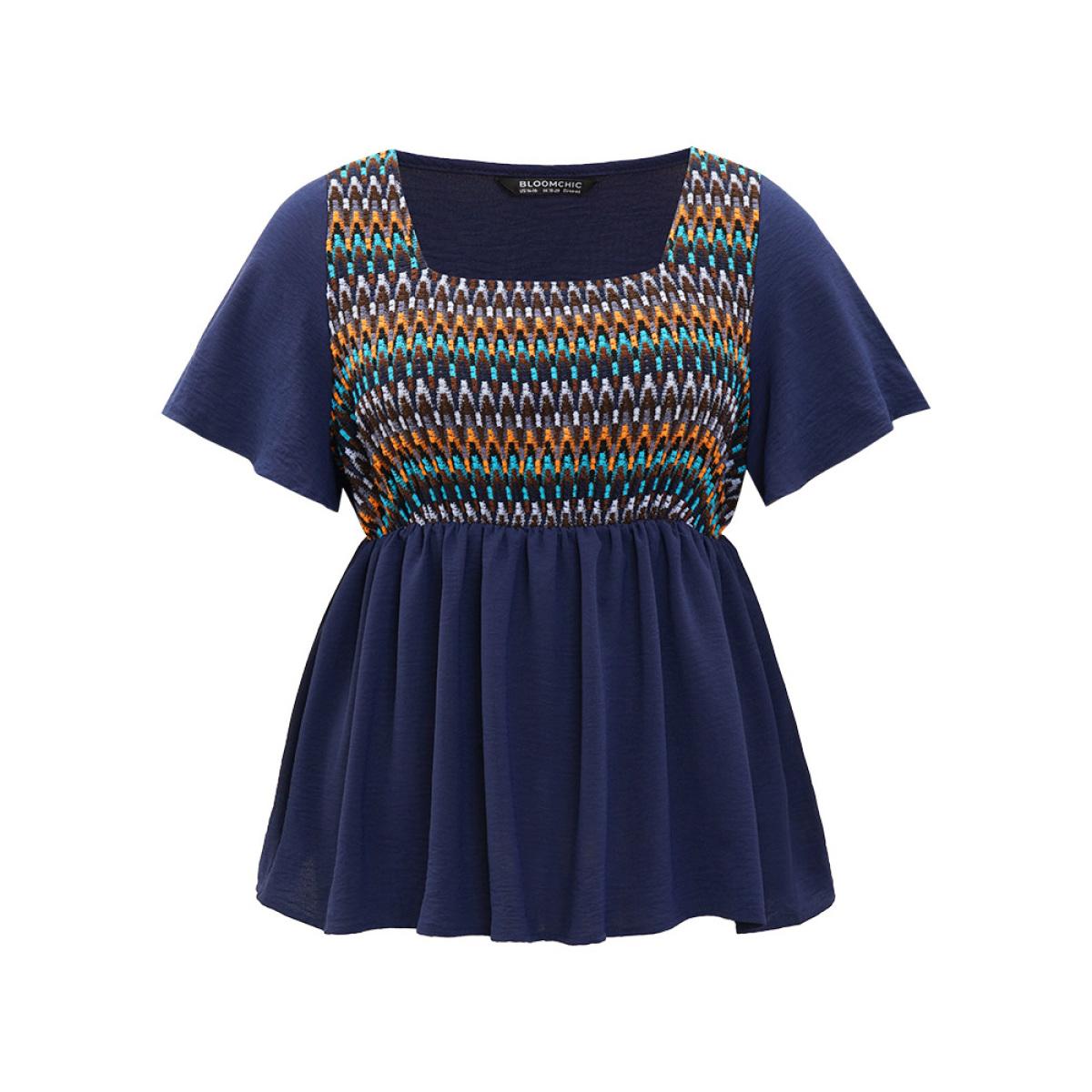 Plus Size Indigo Knit Patchwork Gathered Flutter Sleeve Blouse Women Elegant Short sleeve Square Neck Dailywear Blouses BloomChic 12/L Product Image