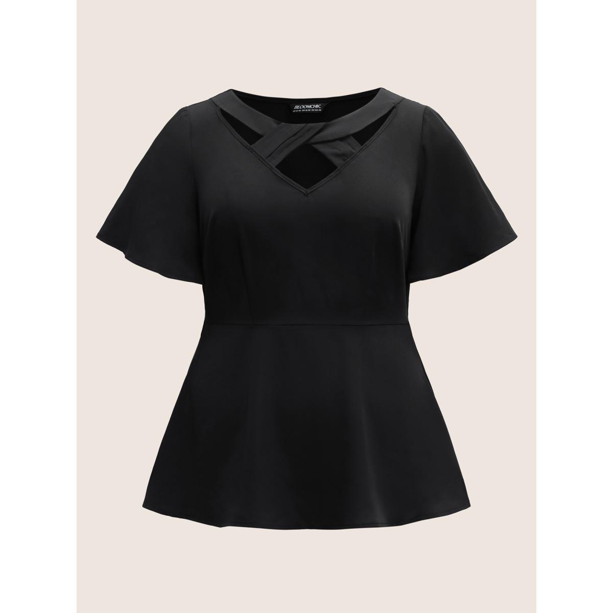 Plus Size Black Plain Cut Out Gathered Flutter Sleeve Blouse Women Work From Home Short sleeve Round Neck Work Blouses BloomChic 18-20/2X Product Image