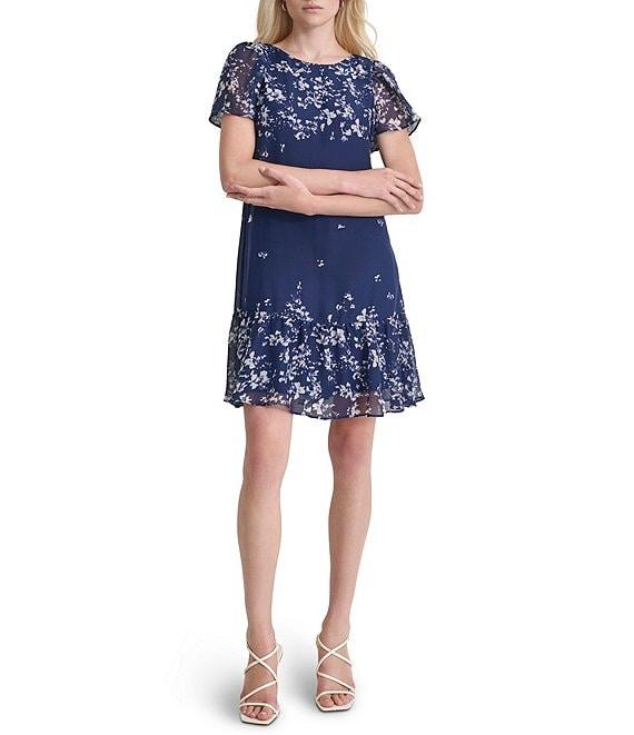 DKNY by Donna Karan Woven Floral Print Crew Neck Short Flutter Sleeve Shift Mini Dress Product Image