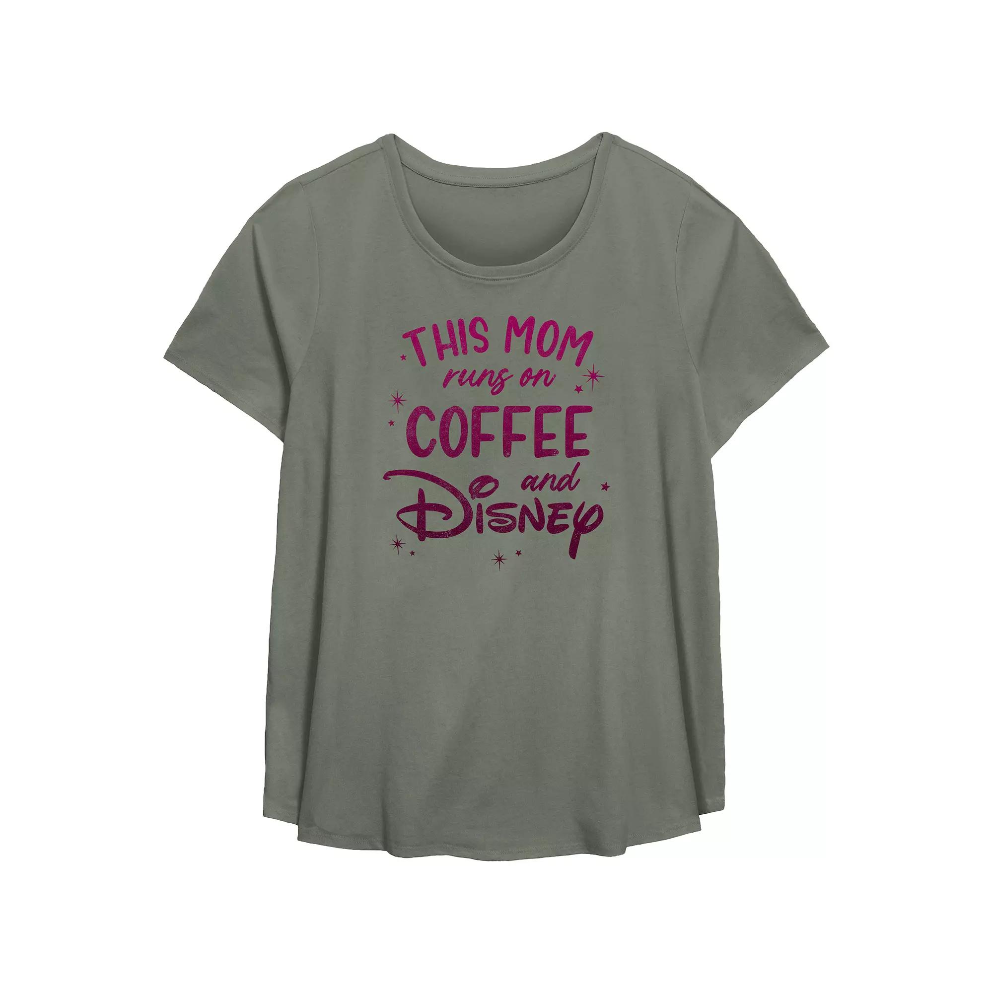 Disney This Mom Runs On Coffee And Disney Plus Size Scoop Hem Flowy Graphic Tee, Women's, Size: 1XL, Green Product Image