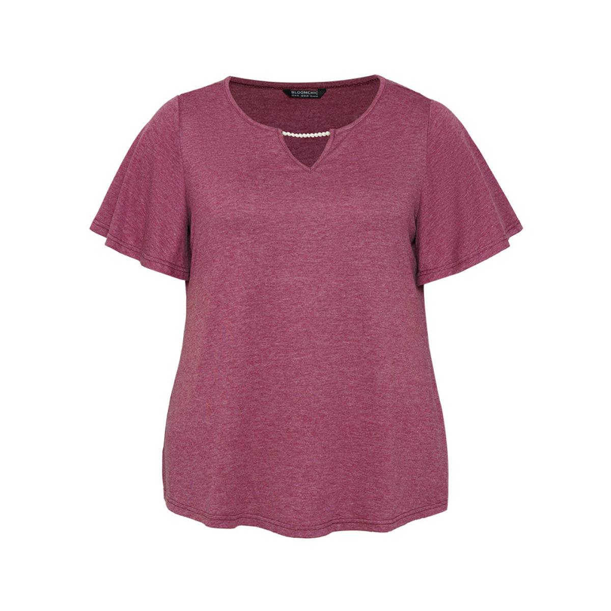 Plus Size Plain Keyhole Pearl Beaded Flutter Sleeve T-shirt RedViolet Women Elegant Cut-Out Plain Round Neck Dailywear T-shirts BloomChic 12/L Product Image