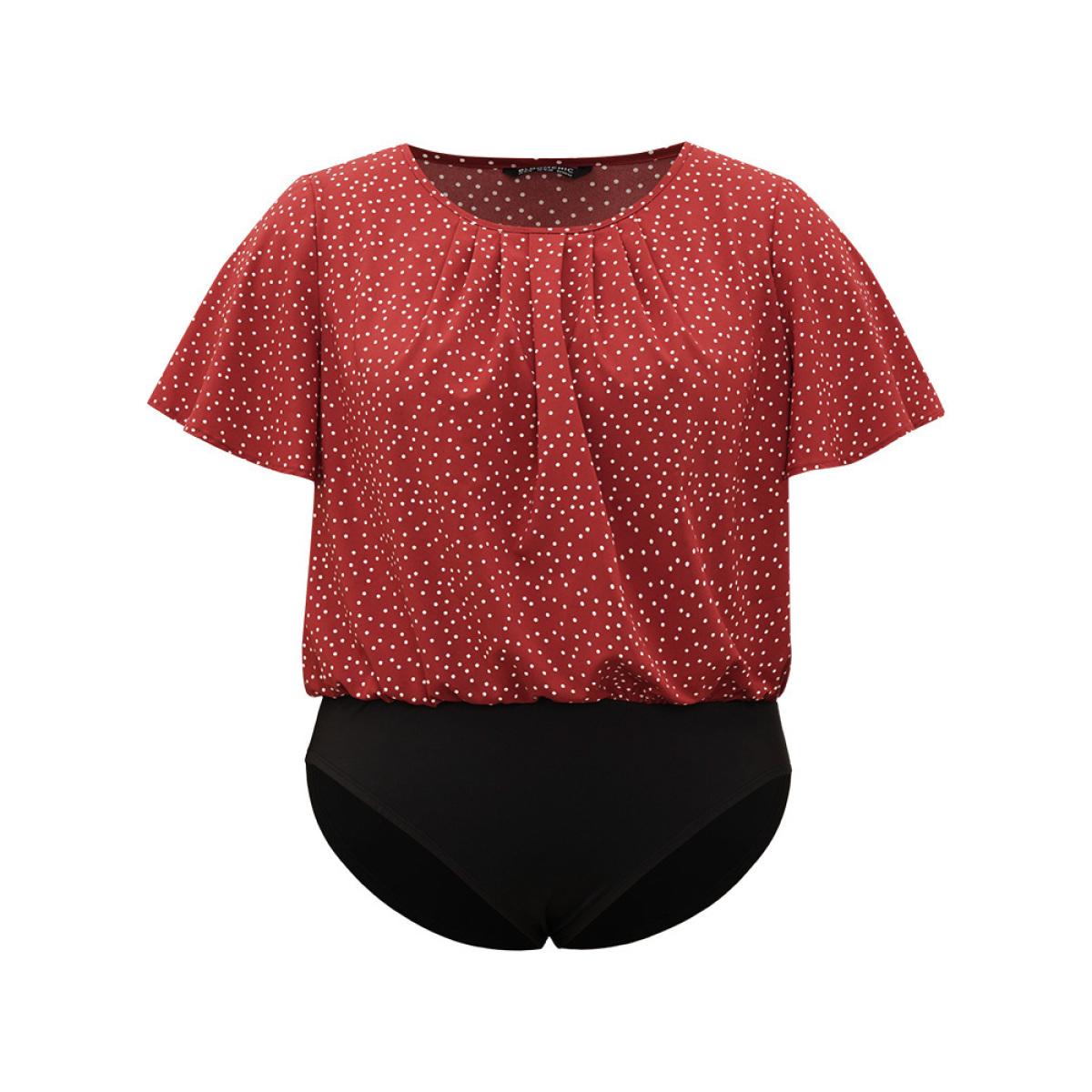 Plus Size Polka Dot Elastic Waist Plicated Detail Ruffle Sleeve Bodysuit Women Red Polka Dot Pleated Bodysuits BloomChic 30/6X Product Image