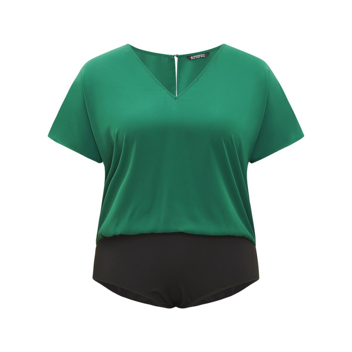 Plus Size Solid V Neck Dolman Sleeve Cut Out Bodysuit Women DarkGreen Plain Plain Bodysuits BloomChic 14-16/1X Product Image