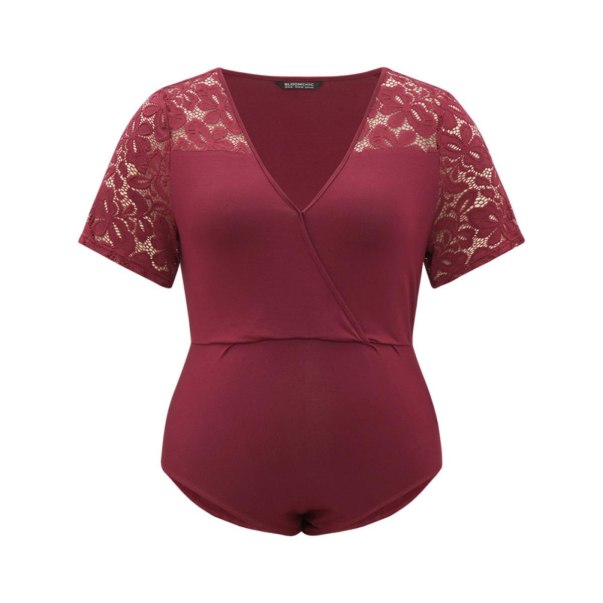 Plus Size Plain Crochet Lace Mesh Surplice Neck Bodysuit Women Burgundy Plain Wrap Bodysuits BloomChic 22-24/3X Product Image