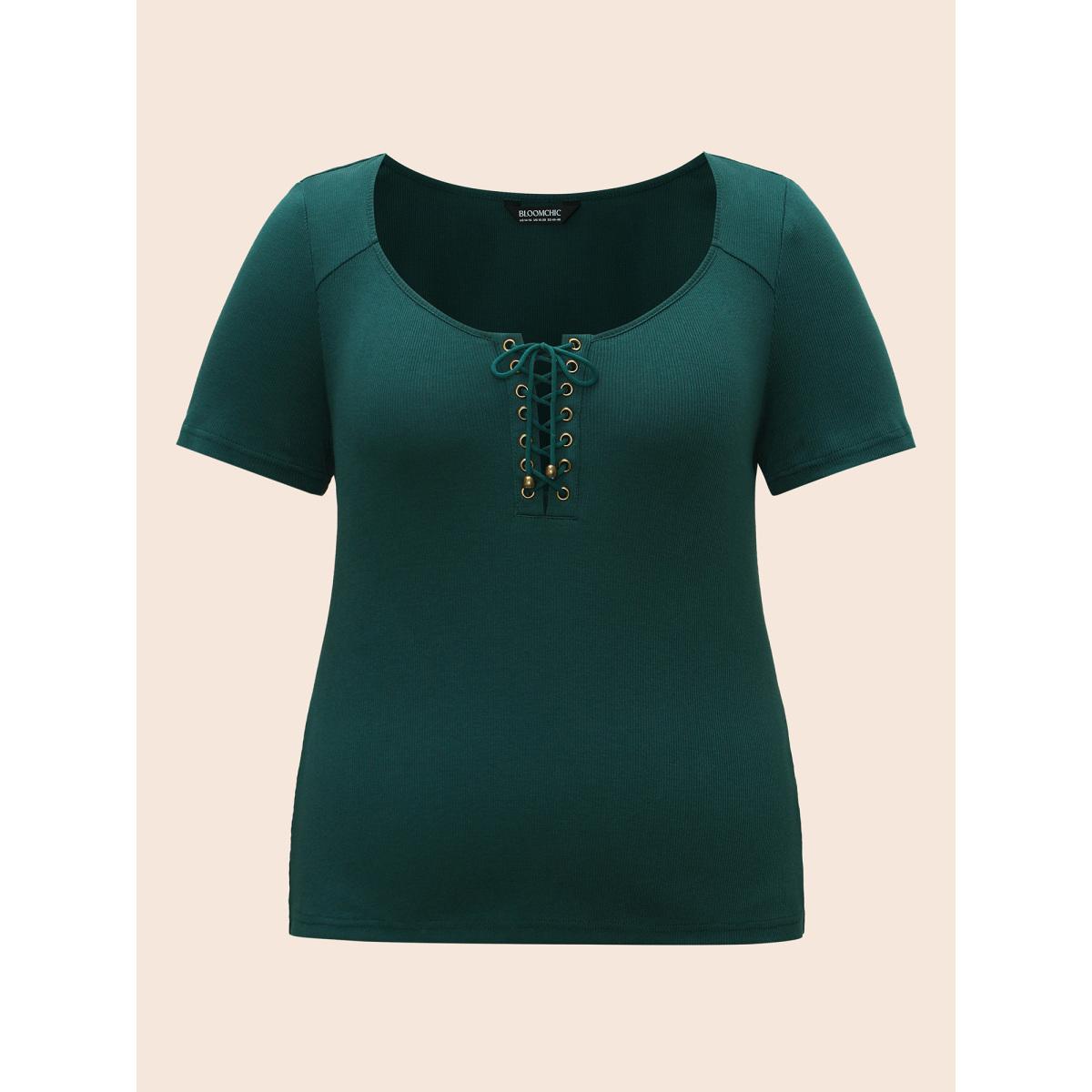 Plus Size Heart Neckline Texture Lace Up T-shirt Teal Women Elegant Eyelet Heart neckline Bodycon Everyday T-shirts BloomChic 12/L Product Image