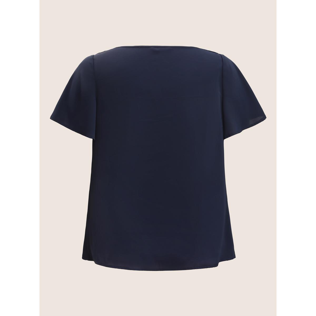 Plus Size Indigo Plain Cowl Neck Ruffle Sleeve Blouse Women Work From Home Short sleeve Cowl Neck Work Blouses BloomChic 12/L Product Image