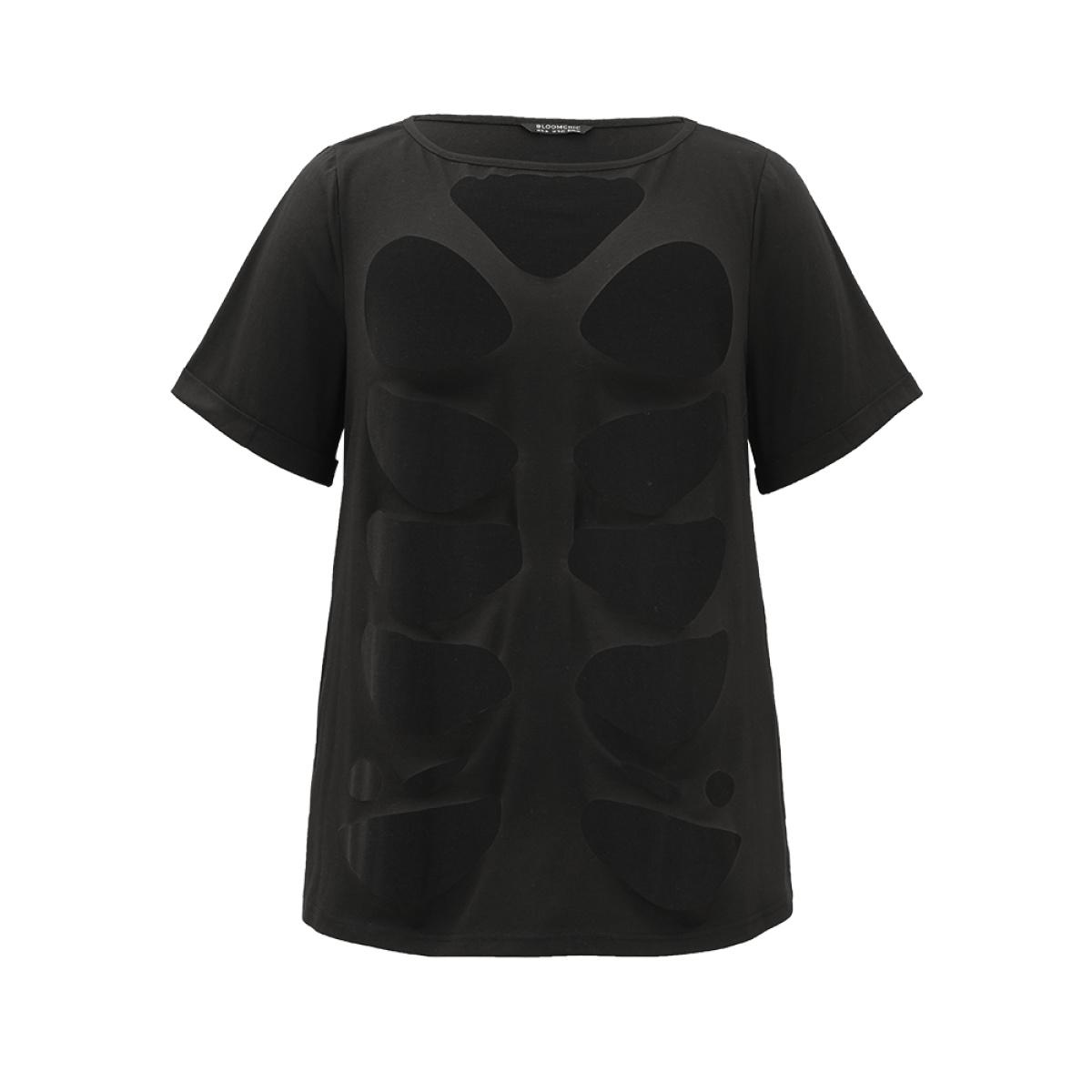 Plus Size Halloween Solid Distressed T-shirt Black Women Casual Plain Plain Keyhole Cut-Out Festival-Halloween T-shirts BloomChic 26/4X Product Image