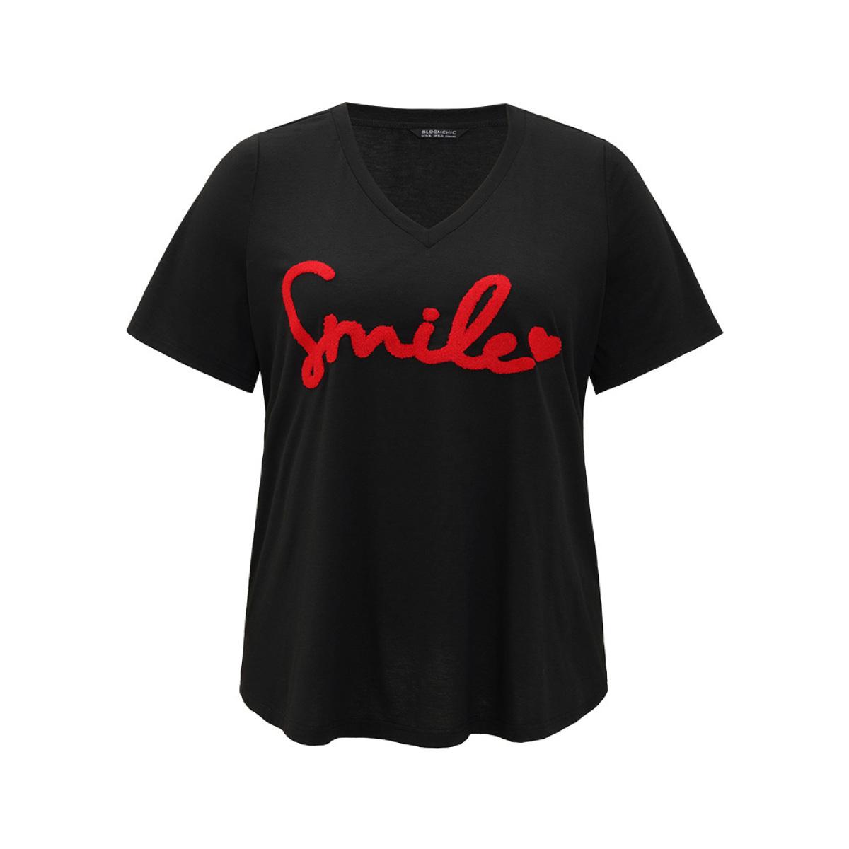 Plus Size Letter Embroidered V Neck T-shirt Black Women Casual Embroidered Letter Dailywear T-shirts BloomChic 14-16/1X Product Image