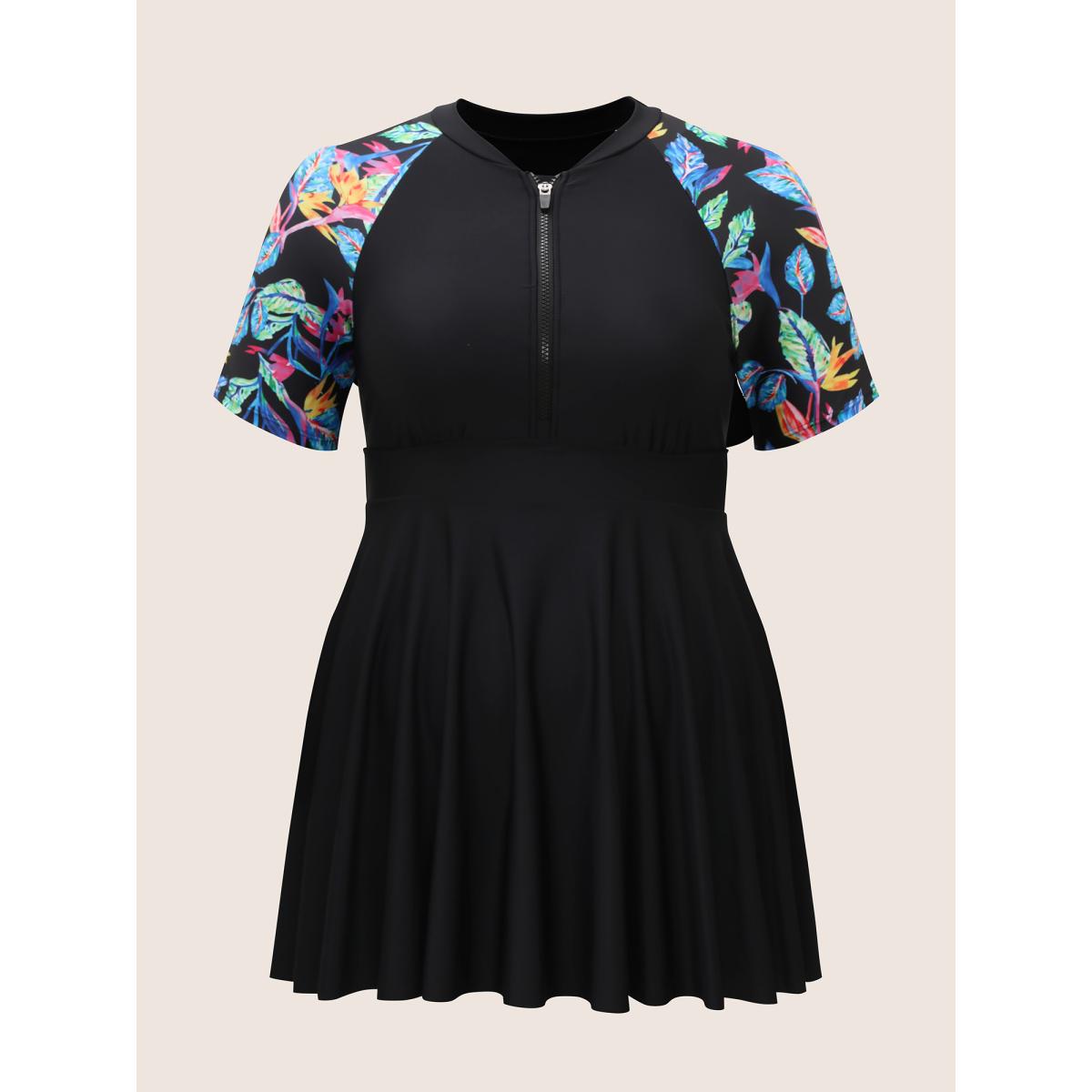 Plus Size Tropical Print Half Zip Raglan Sleeve Swim Dress Women's Swimwear Black Resort Bodycon Stand-up collar High stretch Curve Swim Dresses BloomChic 26/4X Product Image