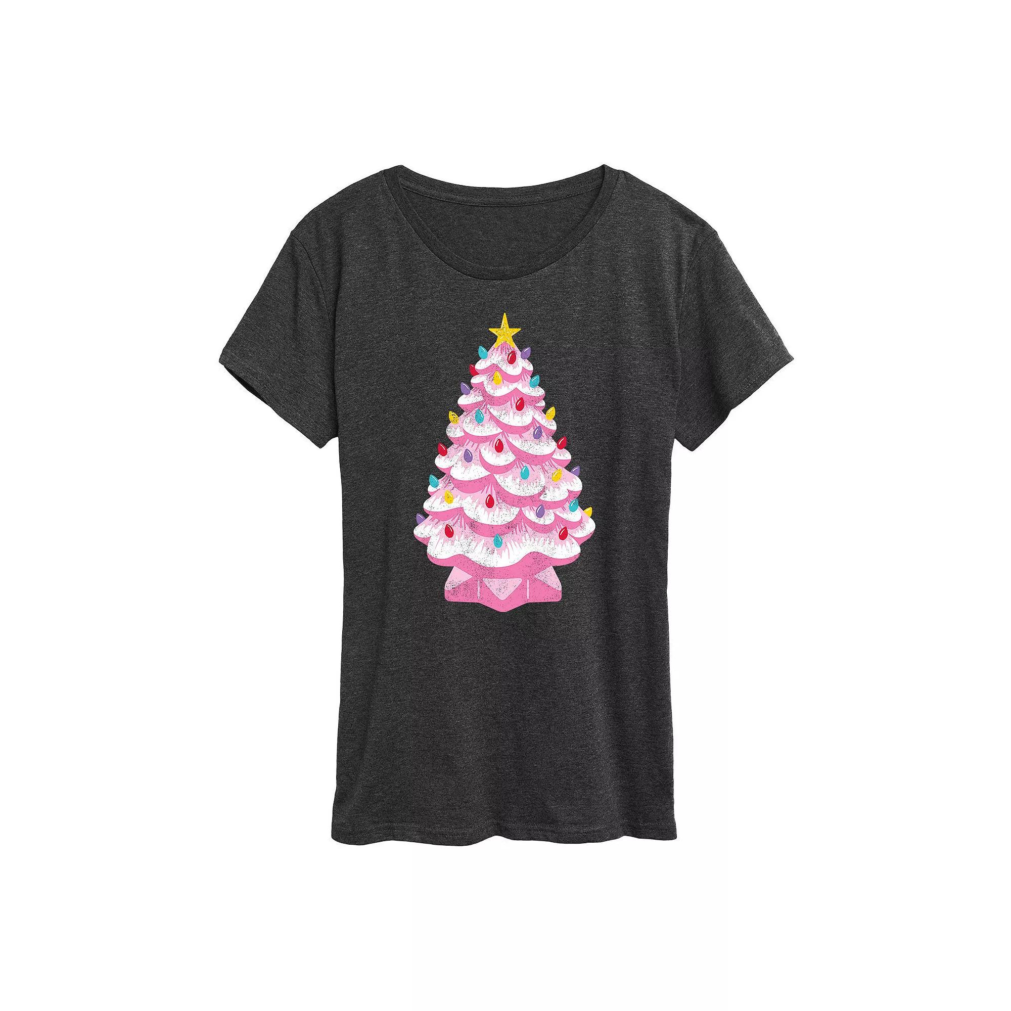 Women's Retro Pink Ceramic Christmas Tree Graphic Tee, Girl's,  Product Image