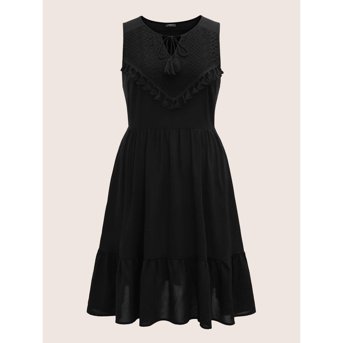 Plus Size Lace Panel Tassel Trim Mesh Tank Dress Black Women Resort Woven ribbon&lace trim Flat collar with V-notch Sleeveless Curvy BloomChic 18-20/2X Product Image