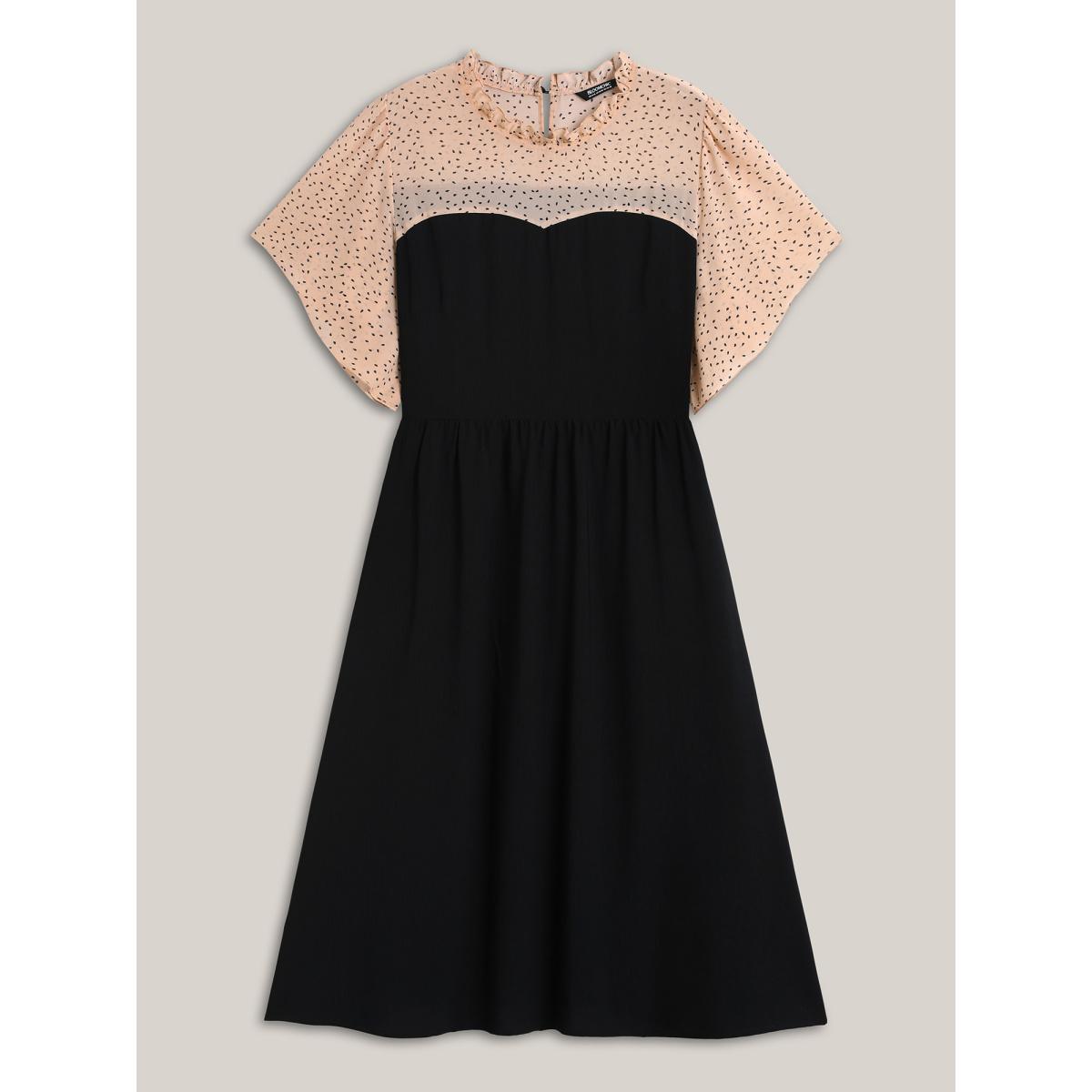 Plus Size Round Ruffled Neck Color Contrast Midi Dress Black Women Elegant See through Round Neck Short sleeve Curvy BloomChic 14-16/1X Product Image