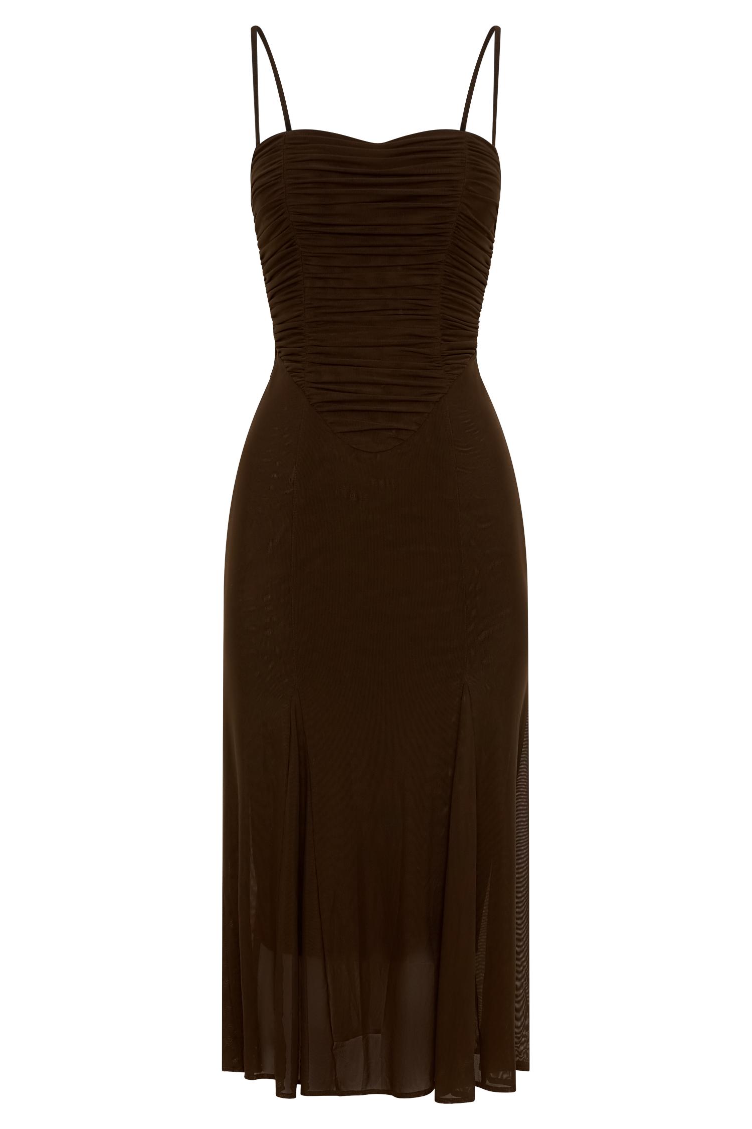 Willa Gathered Mesh Midi Dress - Chocolate Product Image