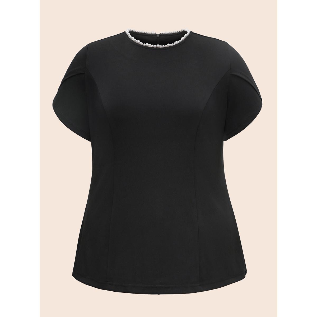 Plus Size Black Pearl Beaded Petal Sleeve Stretch Blouse Women Elegant Half Sleeve Round Neck Everyday Blouses BloomChic 10/M Product Image