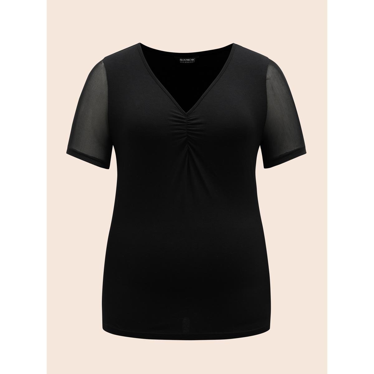 Plus Size V Neck Mesh Patchwork Ruched T-shirt Black Women Elegant Gathered Heart neckline Skinny Everyday T-shirts BloomChic 14-16/1X Product Image