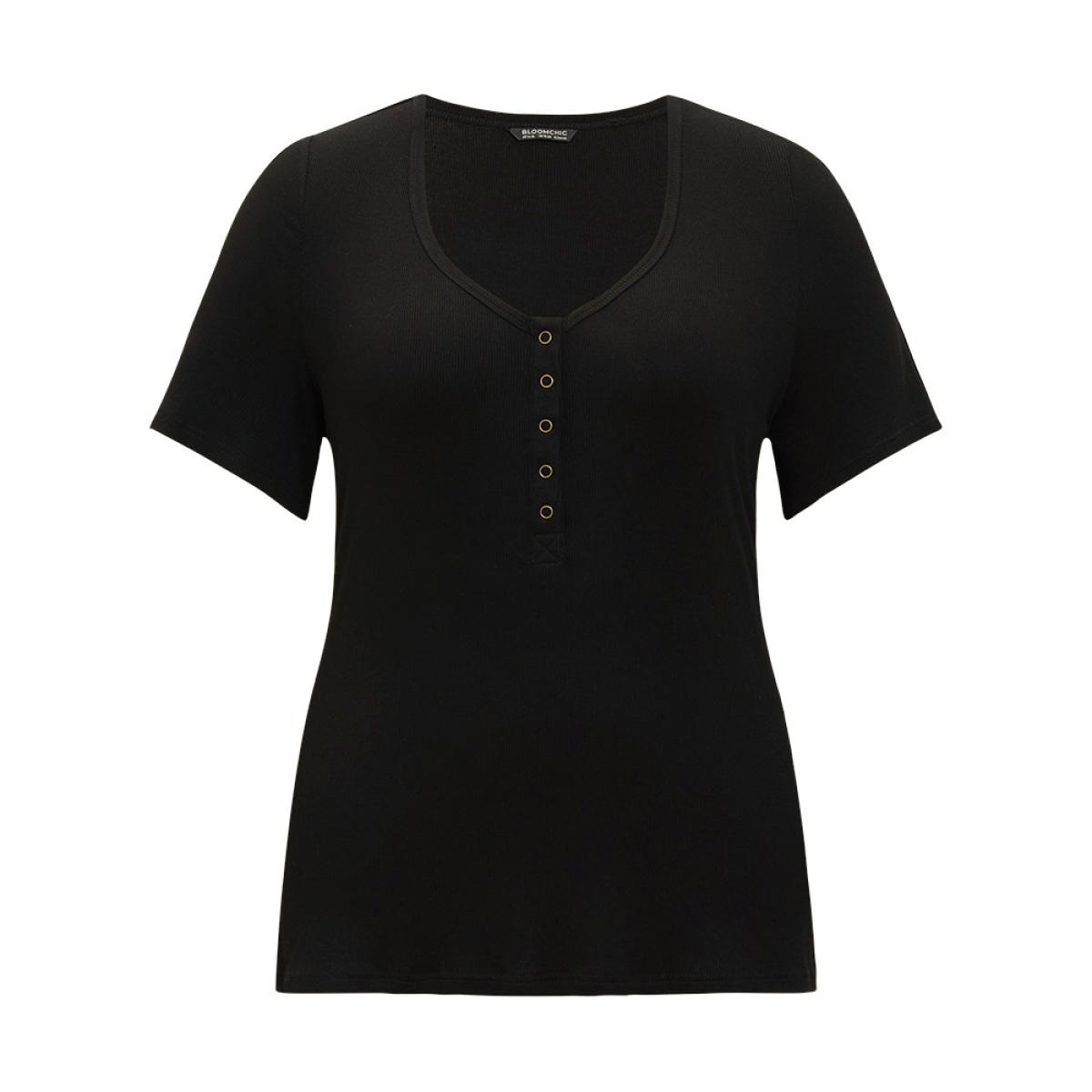 Plus Size Plain Scoop Neck Button Through Rib Knit T-shirt Black Women Casual Button Plain Scoop Neck Skinny Dailywear T-shirts BloomChic 10/M Product Image